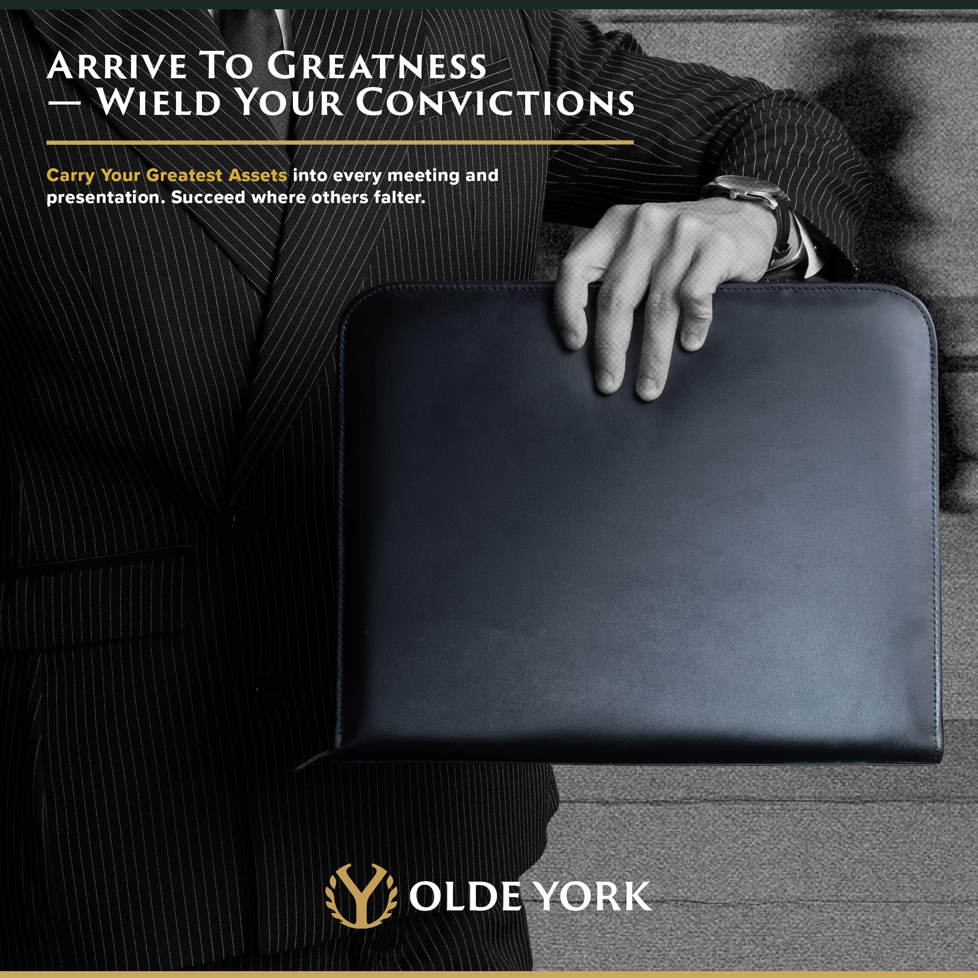 OLDE YORK Portafolio de cuero — Portafolio de cuero para hombres, padfolio para hombre — 100% cuero auténtico de grano superior [cuero negro]