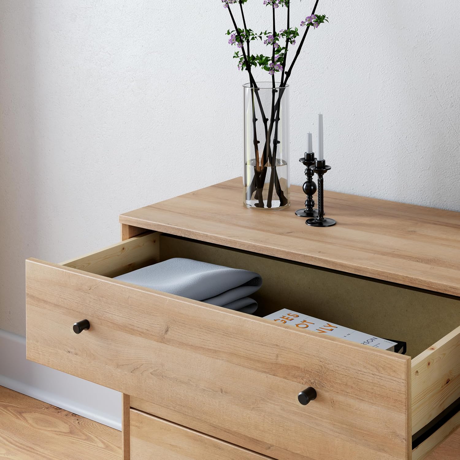 Prepac Finnley 3-Drawer Nightstand in Natural Oak, Extra-Wide Bedside Tables with Storage, Set of 2, Modern End Tables for Home & Bedroom, 16" D x 31" W x 26.75" H