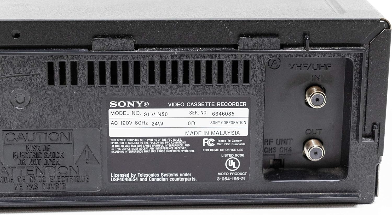 Close-up of Sony SLV-N50 VCR rear model information