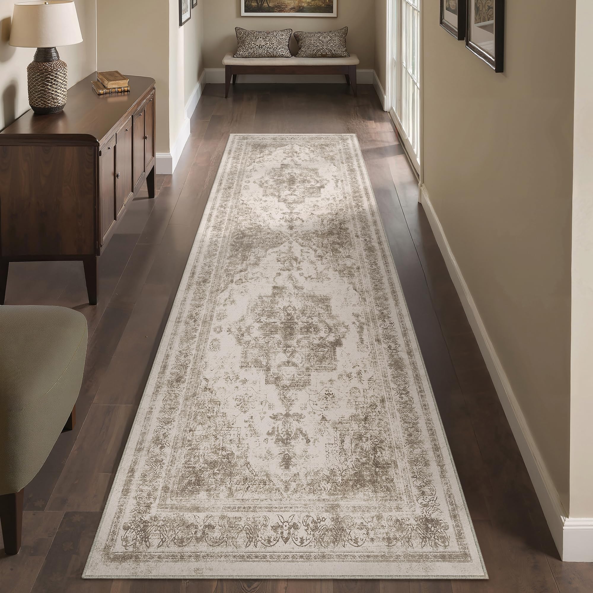 HUGEAR Vintage Passatoia Tappeto Corridoio Beige Tappeti 60x240cm Cucina Antiscivolo Lavabile in Lavatrice Tapette Camera da Letto Scendiletto Cameretta Ufficio Pelo Corto Lungo Carpet