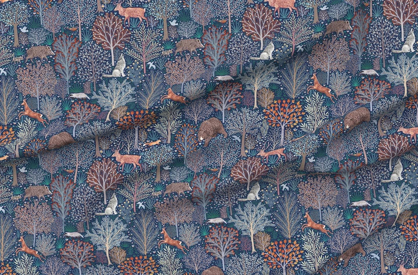 Spoonflower Fabric - Woodland Animals Forest Creatures Nighttime Rustic Trees Printed on Minky Fabric by The Yard - Sewing Baby Blankets Quilt Backing Plush