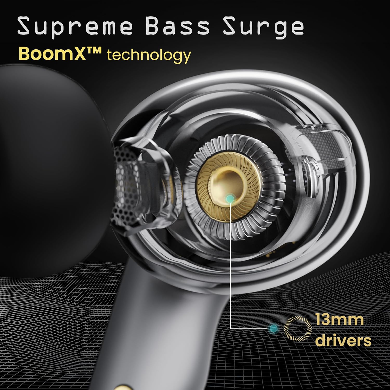 GOBOULT UFO Earbud showing 13mm drivers for bass surge