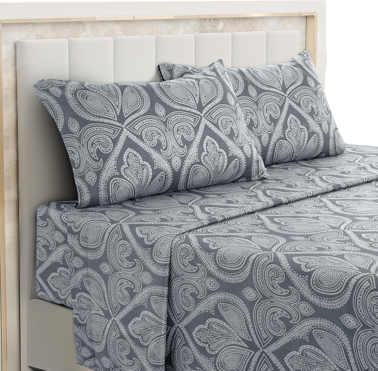 Hannah Linen Paisley Queen Sheet Set, 4 PC Soft Microfiber Wrinkle Free Sheets - Luxurious Printed Bed Sheets Includes Flat Sheet, Fitted Sheet with Deep Pockets, & 2 Pillowcases - Grey