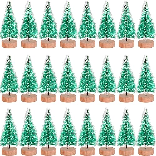 Sumind 48 piezas de mini cepillos para árboles de Navidad, árbol de nieve de sisal, árbol artificial de invierno, mini pino con base de madera,