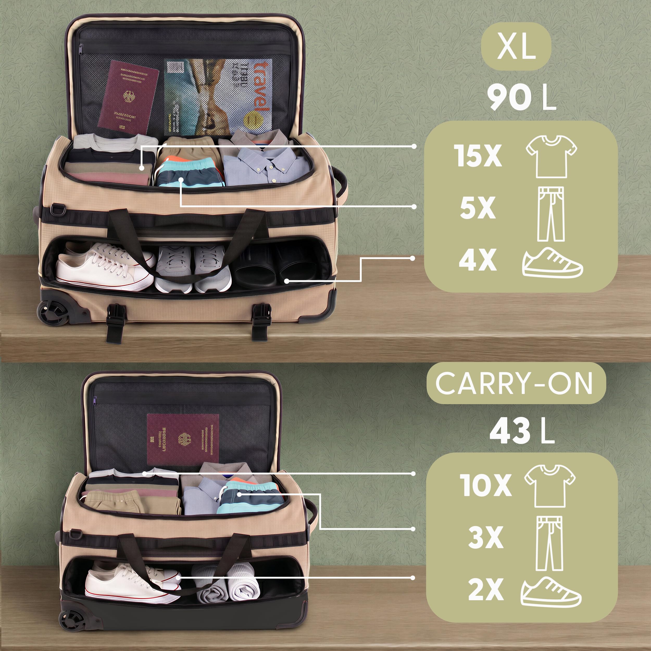 XL Reisetasche mit Rollen 3-in-1 Rucksack, Reisetasche und Trolley wasserabweisend | Flow mit Schuhfach und Schutzecken für Herren & Damen | Reise-Tasche aus hochwertigem Ripstop beige