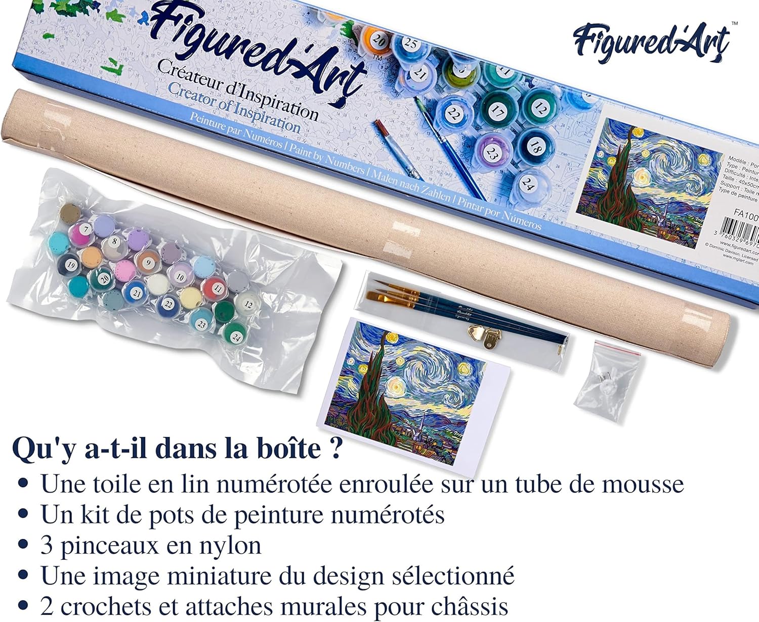 Figured'Art Paint by Numbers for Adults Van Gogh Starry Night 16"x20" - Craft Art Painting DIY Kit Rolled Canvas Without Frame