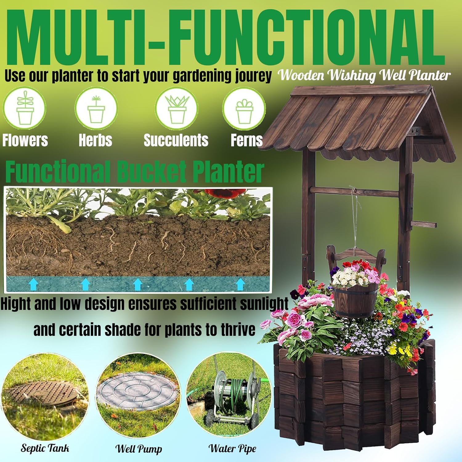 NestNature Wooden Wishing Well Outdoor Planters, Wishing Wells for Outside,Well Covers,Rustic Garden Wells Decor for Outside, Yard, and Patio, Upgrade Reinforced Base-Carbonizing Color