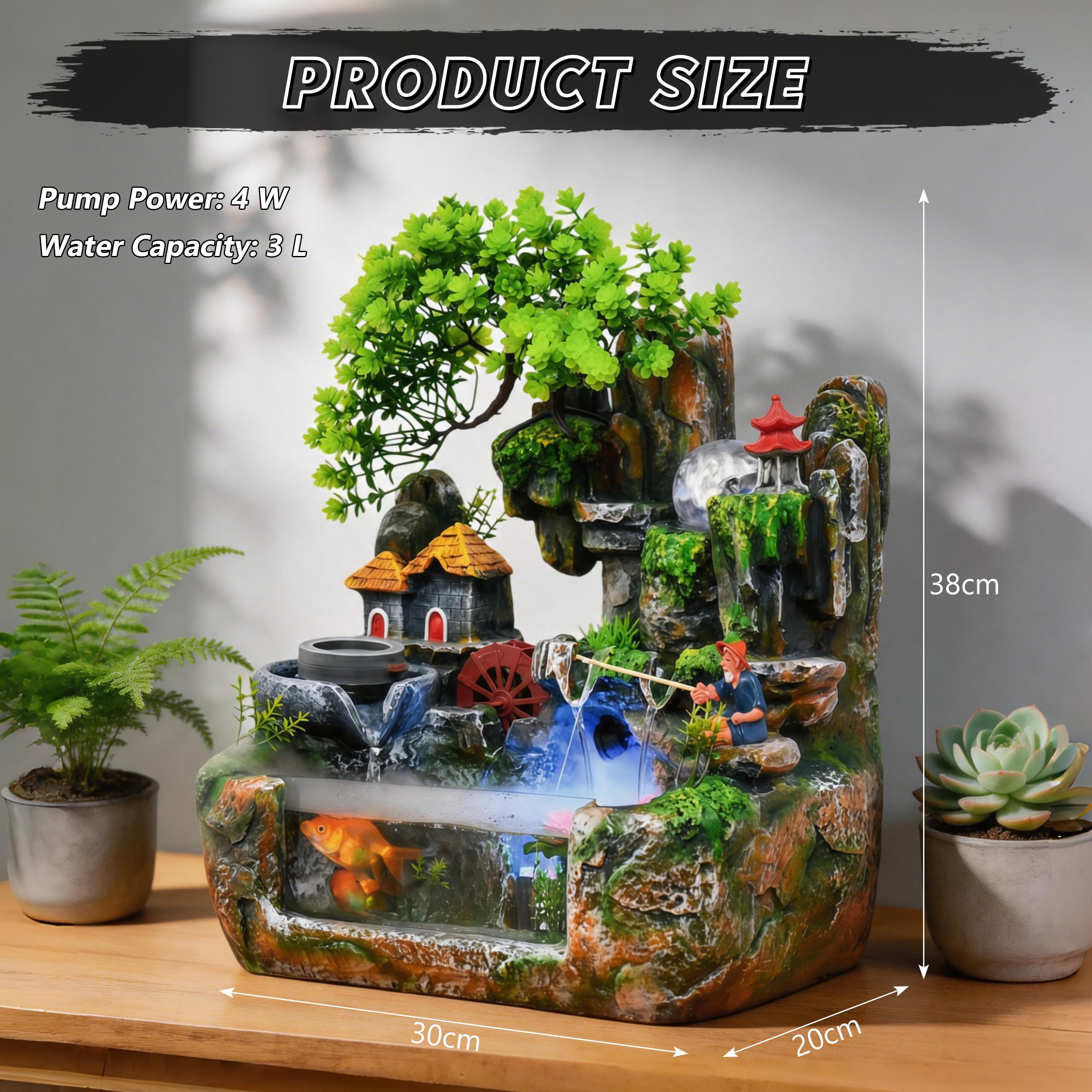 Zimmerbrunnen Wasserfall, Tischbrunnen Indoor, Grüne Pflanze Brunnen Zimmerspringbrunnen mit Beleuchtung, Zimmerbrunnen mit Pflanzen für Platzierung Wohnzimmer Schreibtisch(38 * 30 * 20cm)