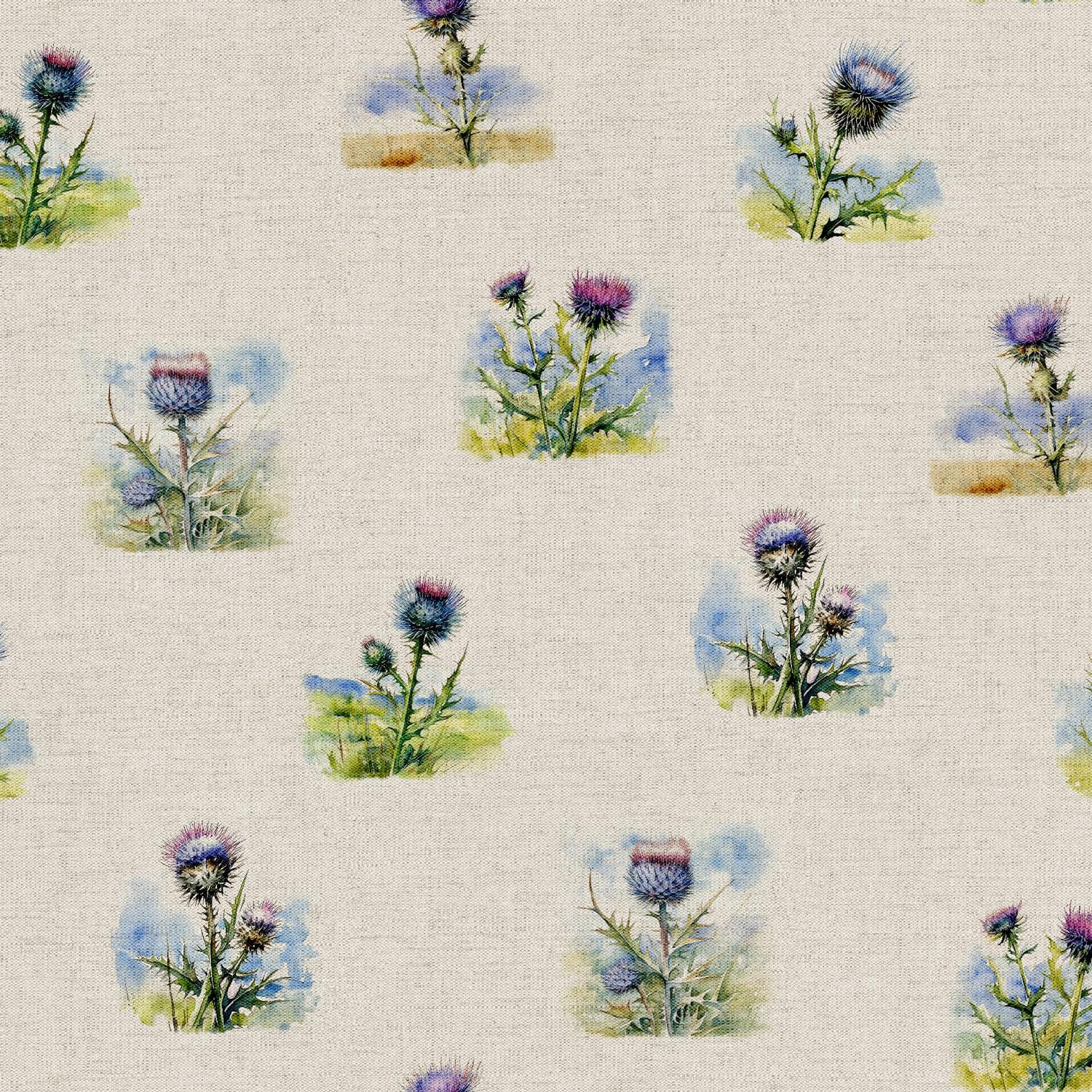 Cotton Rich Linen Look Upholstery Fabric 'Purple Thistle' Digital Print - Per Metre - 140 cm Wide