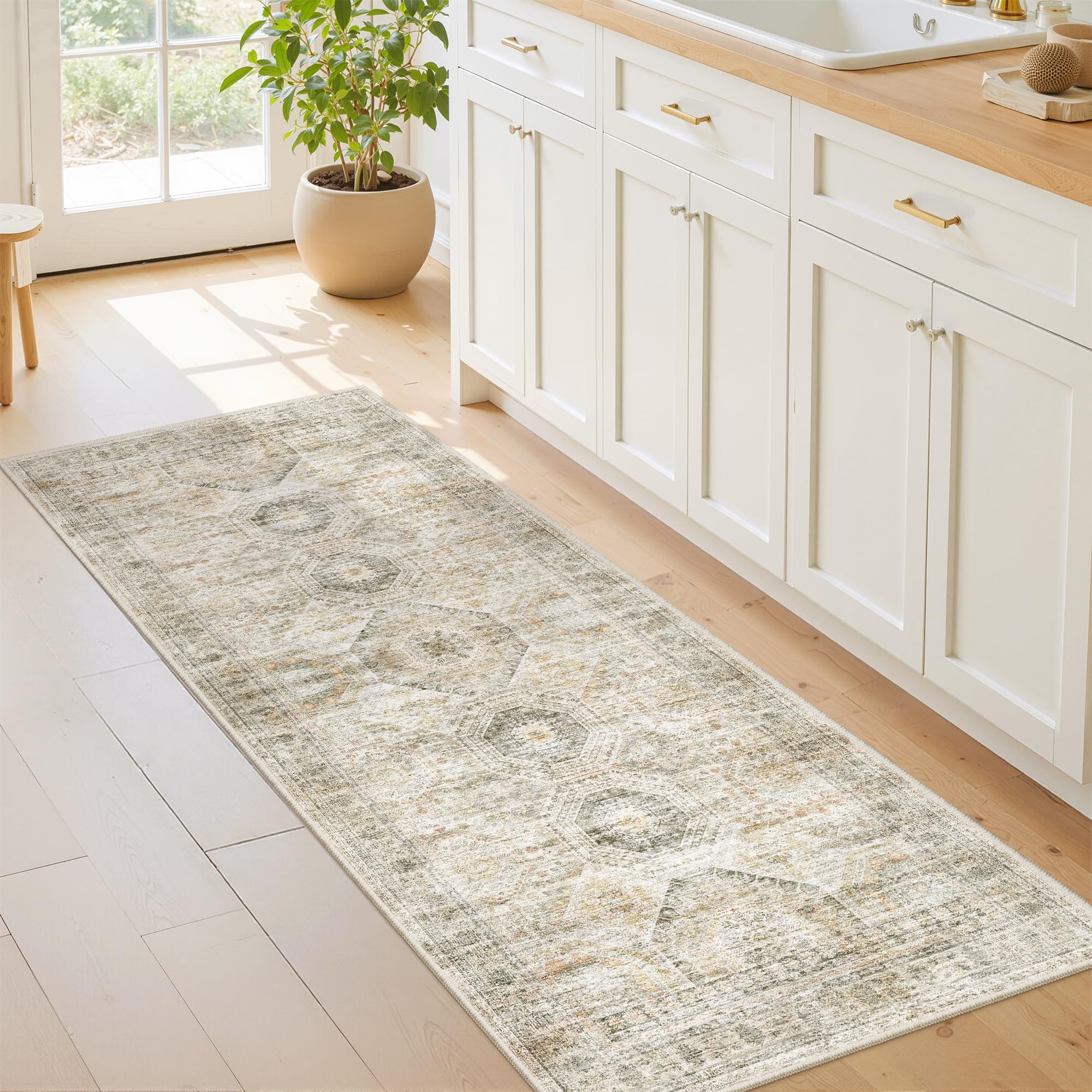 Restydon 2x5 Rug Runner Washable for Entryway, Soft Bathroom Rugs with Non-Slop Backing, Abstract Low Pile Hallway Runner, Vintage Small Kitchen Carpet for Stair, Laundry Room(2'x5', Grey/Yellow) — image 1