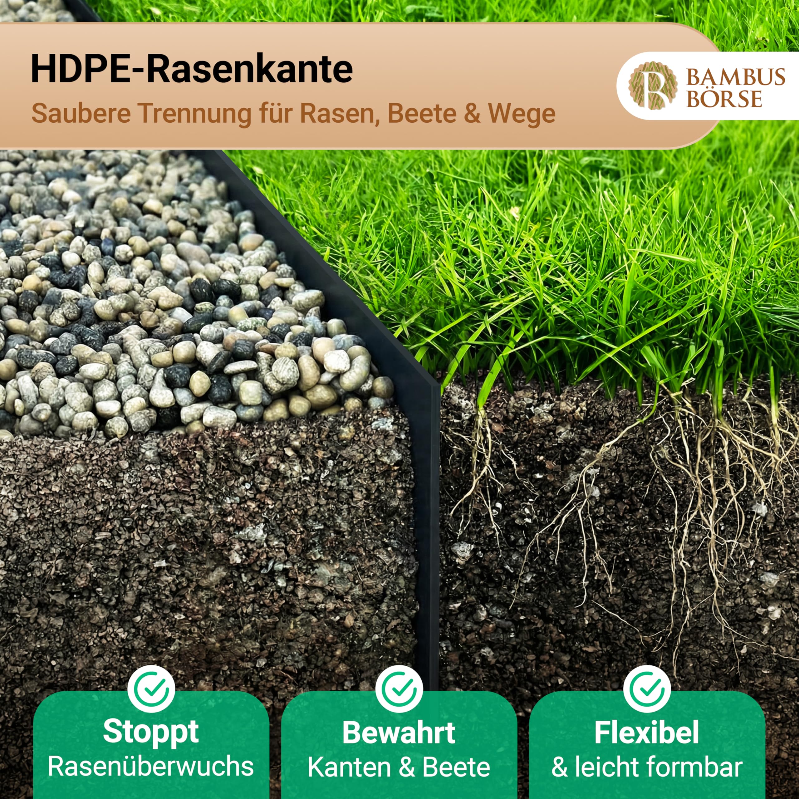 Rasenkante - Beetabgrenzung 15 cm hoch, 25 m lang aus HDPE Kunststoff - Flexible Beeteinfassung & Rasenbegrenzung wetterfest, UV-beständig, langlebig, einfache Montage - Beetkante Rolle