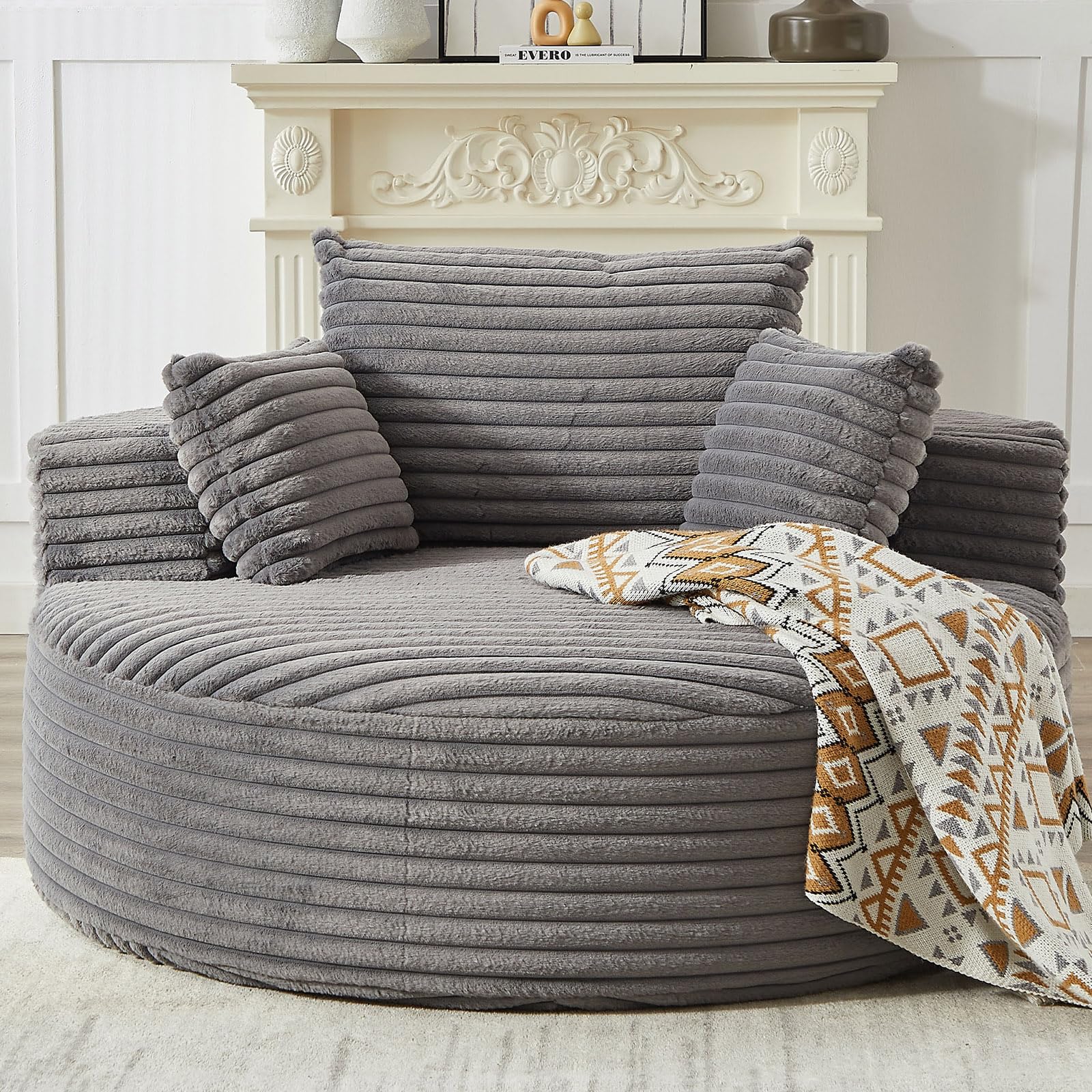 Oversized Round Chaise Lounge Chair Indoor, 55'' Corduroy Deep Seat Circle Single Floor Sofa Chairs, Modern Upholstered Sponge Armchair, Cloud Sleeper