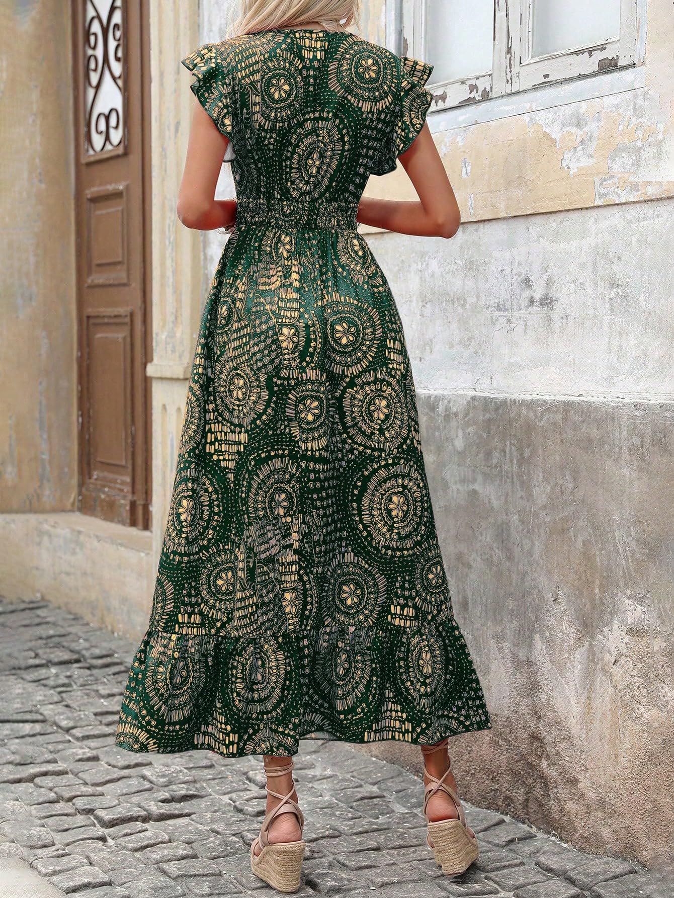 Shasmi Women's & Girl's Boho Dark Green V-Neck Printed Dress With Ruffled Hem And Belted Waist For Vacation, One Piece Maxi For Women's Casual Dresses (Dress 140 Boho Dark Green-Xl)
