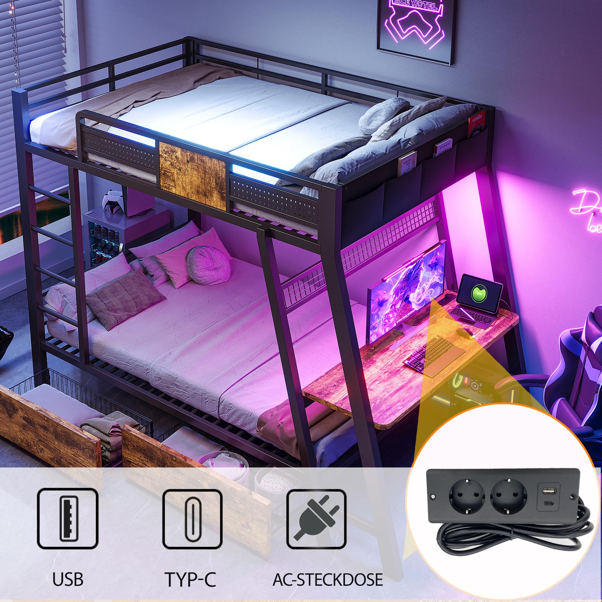 vutizal Metalowe łóżko piętrowe 90 x 200 ze stołem gamingowym, USB-C, LED