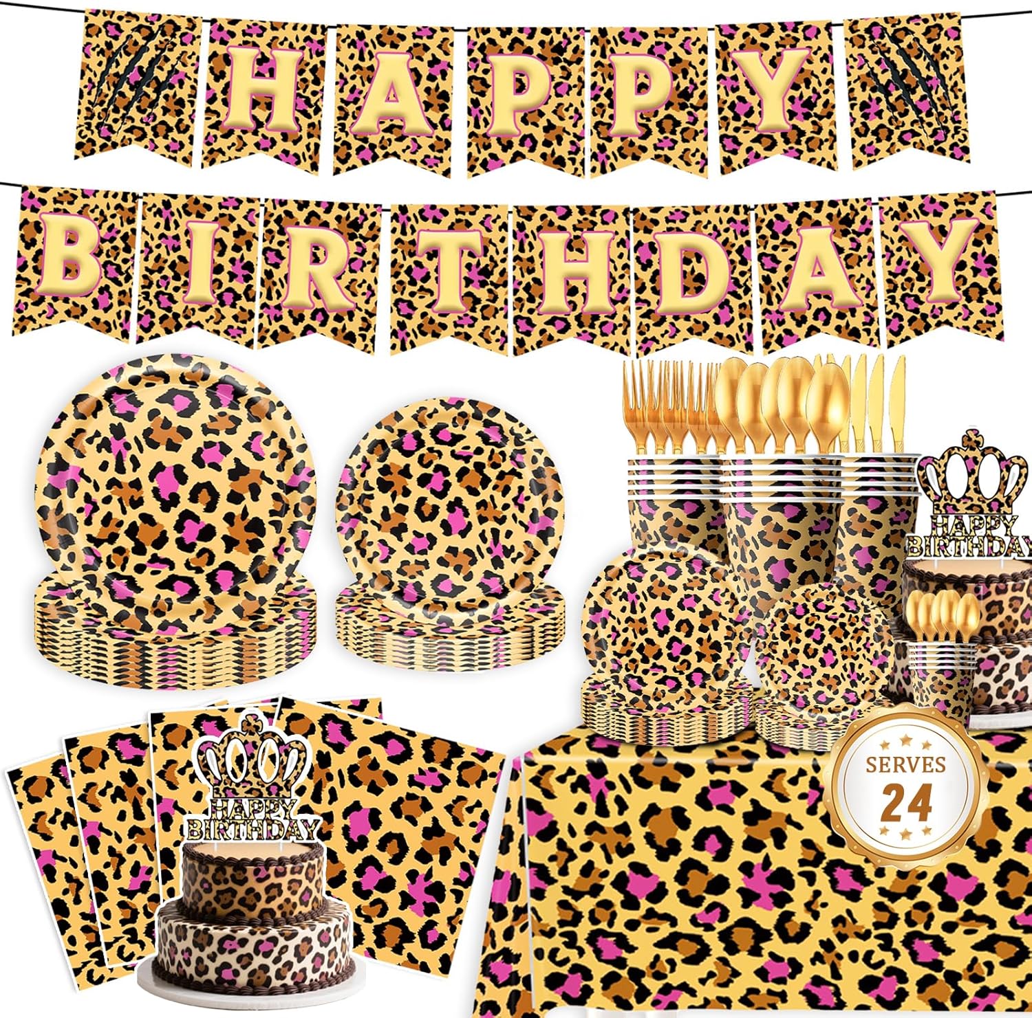 185PCS Leopard Print Party Decorations, Jungle Animal theme Decorations, Leopard Party Supplies Tableware Set with Plates, Cups, Napkins, Tablecloth, Banner and Cutlery (Gold Pink)