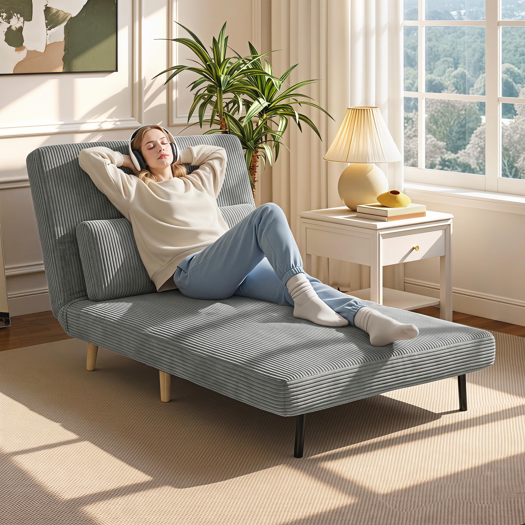 HOMCOM Fotel rozkładany 3 w 1, sztruksowy fotel z funkcją spania 90 x 190 cm, 6-stopniowe oparcie klik-klak, metalowe nogi, poduszka, ciemnoszary