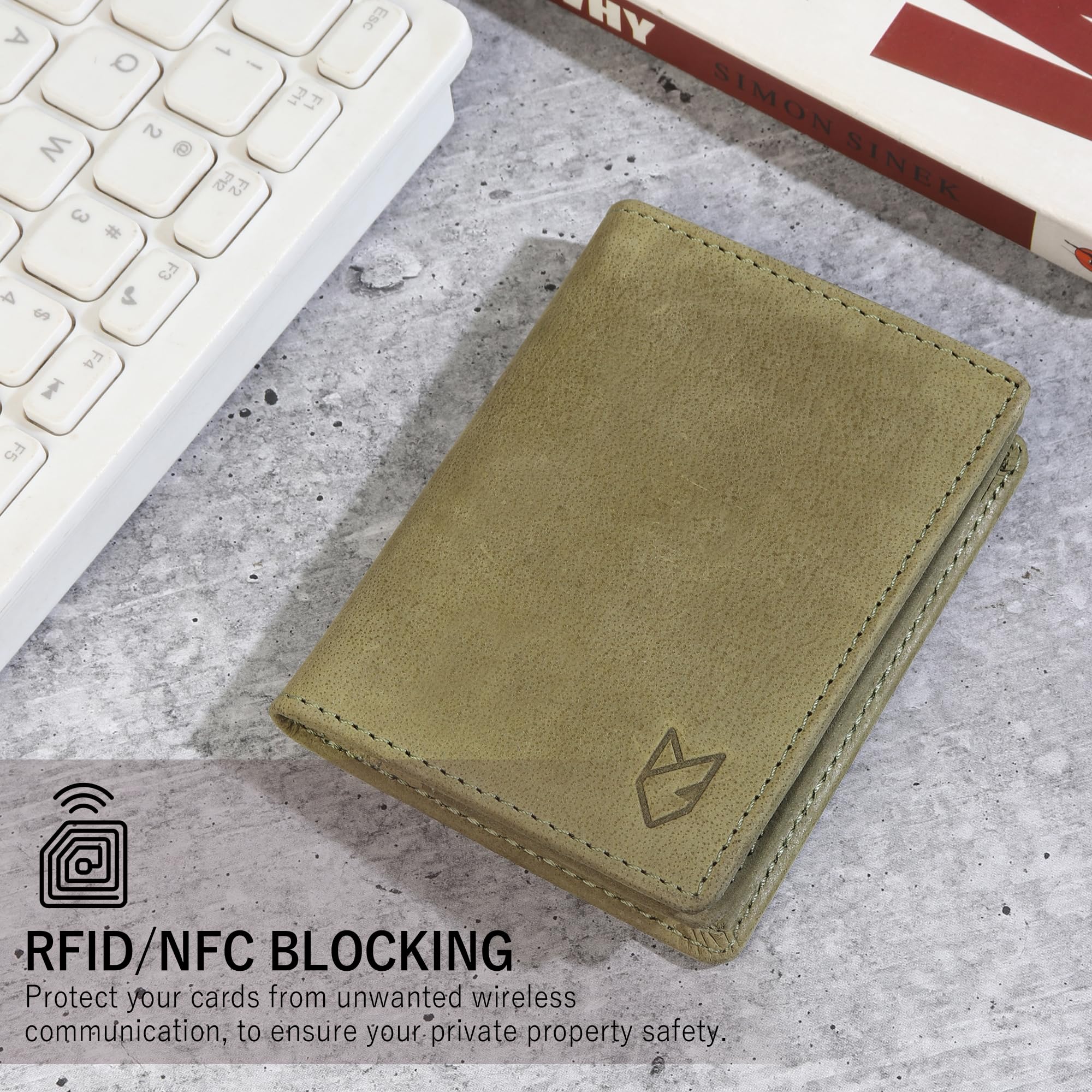 FOXHACKLE Tarjetero de cuero de grano completo para hombres y mujeres, cartera plegable pequeña con bloqueo RFID, funda compacta para tarjetas, Verde perico, 3.40" x 4.10" x 0.03", Classic