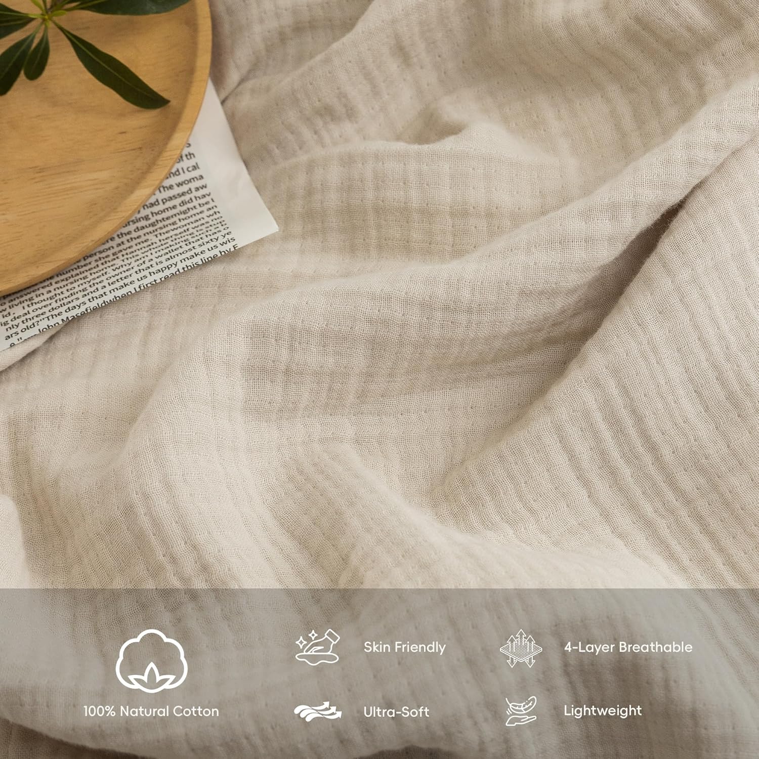 FOSSA Muslin Blanket with Fringe - 4-Layer 100% Cotton Gauze Super Soft & Breathable Throw -Lightweight Decorative Cooling Blanket for Bed, Sofa, Office (Beige, King (104" × 90")) - Image 6