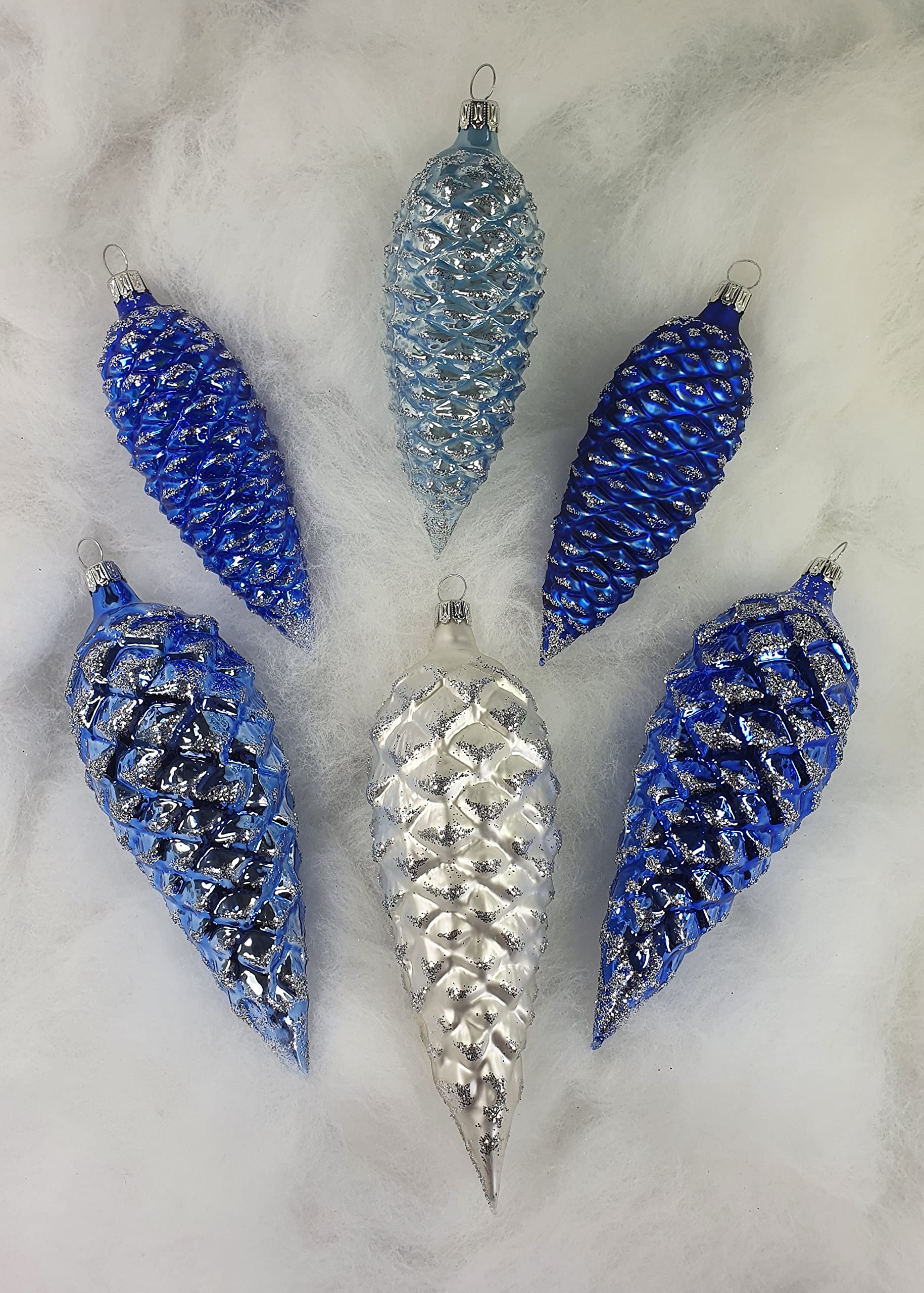 Thüringer Christbaumschmuck Exclusiv BLAU Weiss Mix Zapfen 12+16cm Handarbeit Germany 6er Set