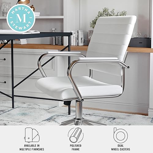 Miniatura 5 de Martha Stewart Piper - Silla giratoria con reposabrazos para oficina en casa en piel sintética blanca con marco de níquel pulido
