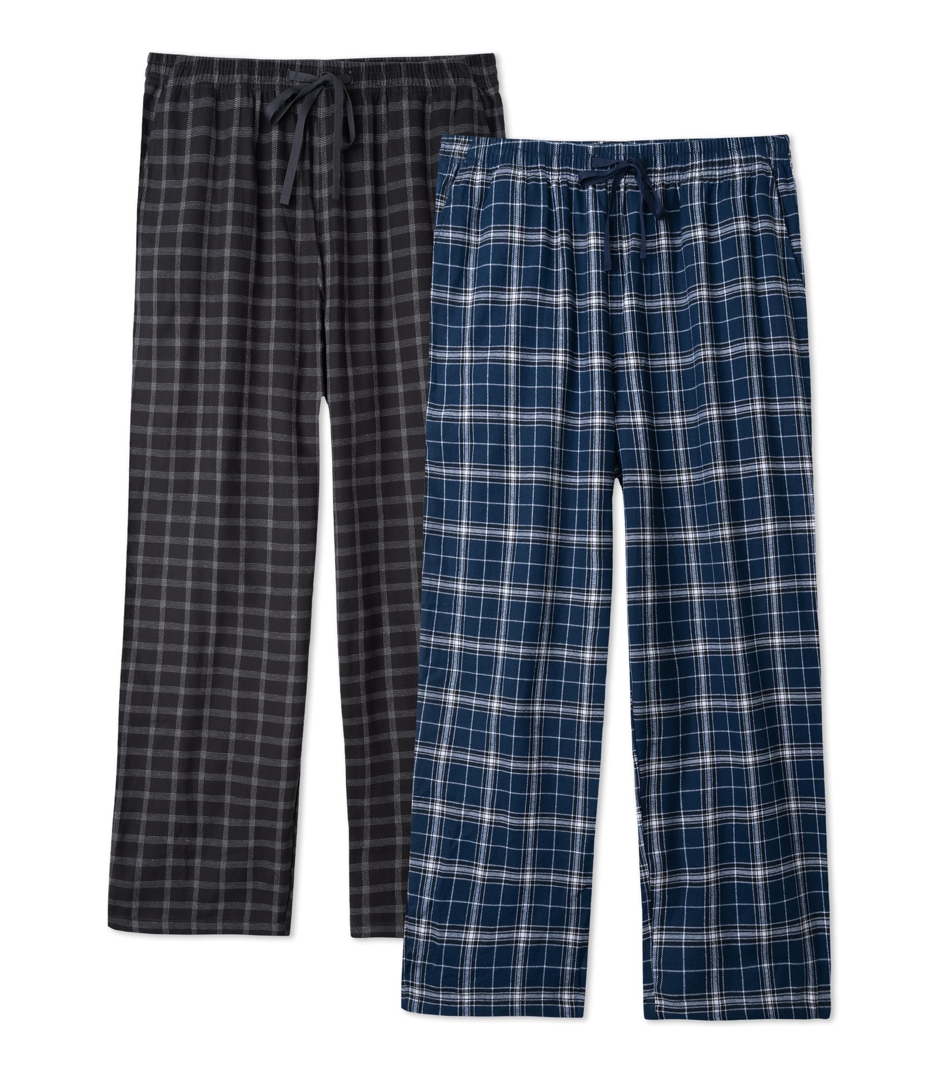 Mens Flannel Pajama Pants Soft Cotton PJ Bottoms, Warm Plaid Lounge Sleep Pants with Pockets, Relaxed Fit 2-pack