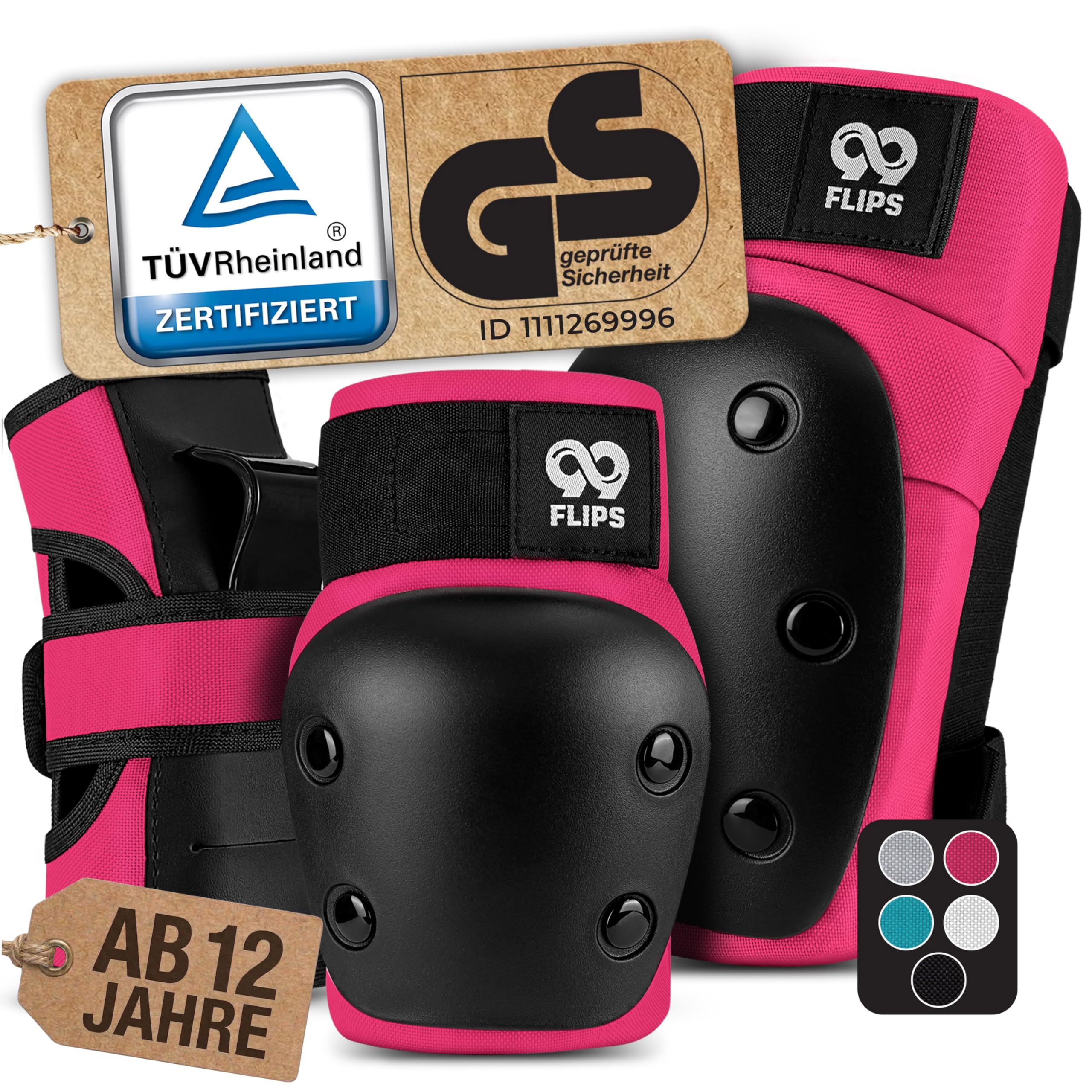 99FLIPS Inliner Schoner Erwachsene und Jugendliche [6er] - Schoner Inliner Damen & Herren mit Knieschoner, Ellenbogenschützer & Handschoner - Skateboard Protektoren Set
