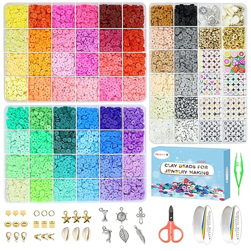 Redtwo 10000 Pcs Clay Beads Bracelet Making Kit, 3 Boxes 60 Colors Flat Preppy Beads for Friendship Bracelet Kit, Polymer Heishi Beads with Charms for Jewelry Making, Crafts Gifts for Teen Girls