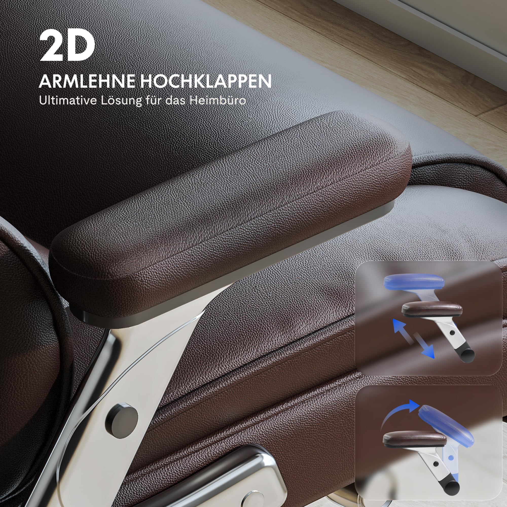 FLEXISPOT Ergonomischer Chefsessel bis 300 kg Bürostuhl für große Personen, mit dynamischer Lendenwirbelstütze, 2D-Armlehnen und Grummirollen, großer Gaming- und Arbeitsstuhl, Kunstleder, Braun