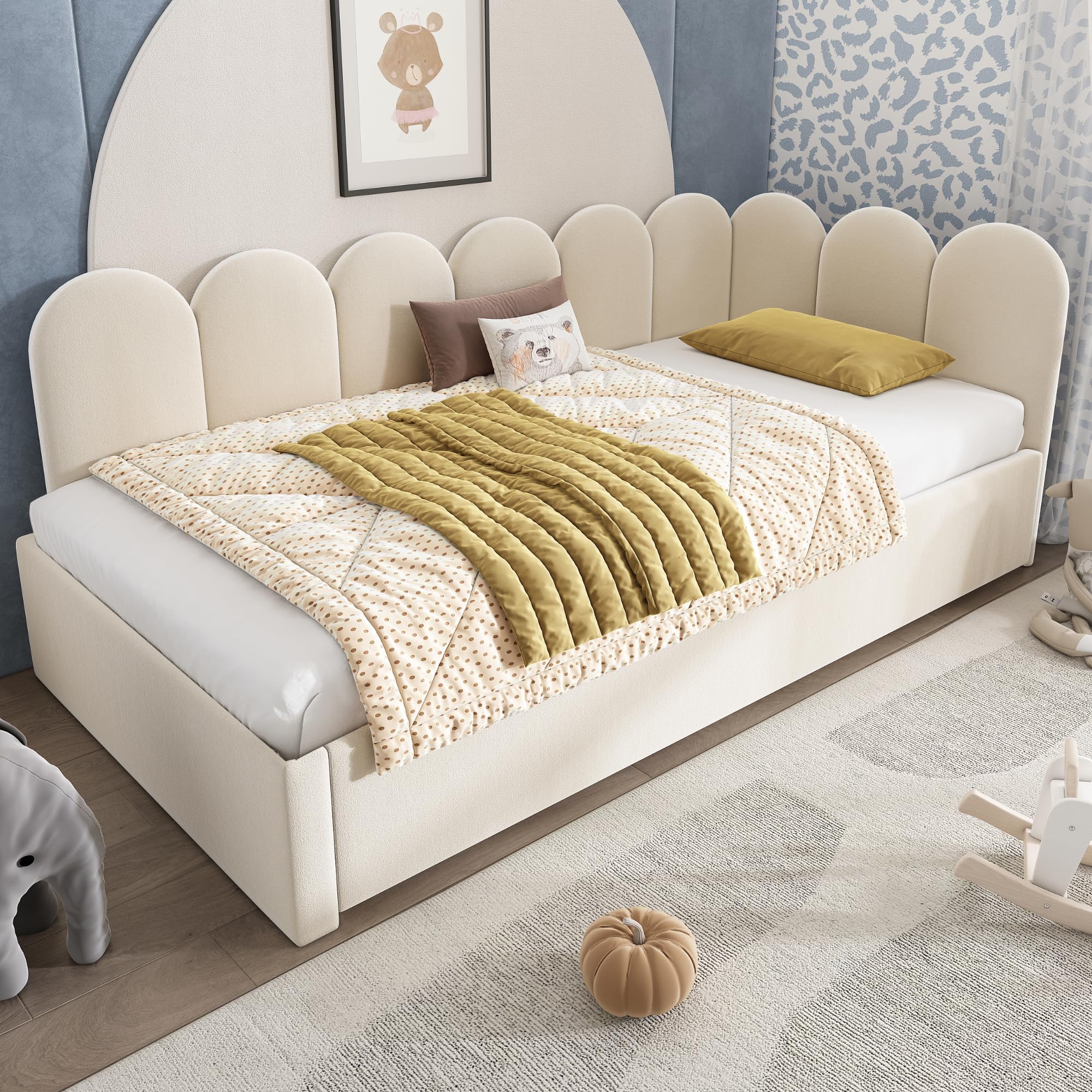 Letto imbottito, 90 x 200 cm, divano letto estraibile 90 x 190 cm, letto per bambini con rete a doghe in metallo, velluto, senza materasso (beige con letto estraibile, 90 x 200 cm)