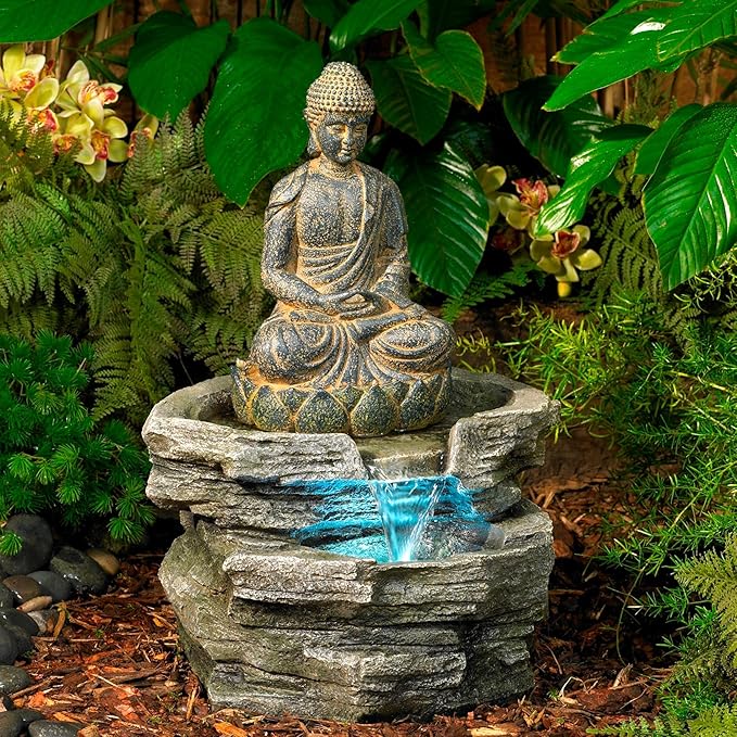 Sitting Buddha Rustic Zen Outdoor Floor Water Fountain 21