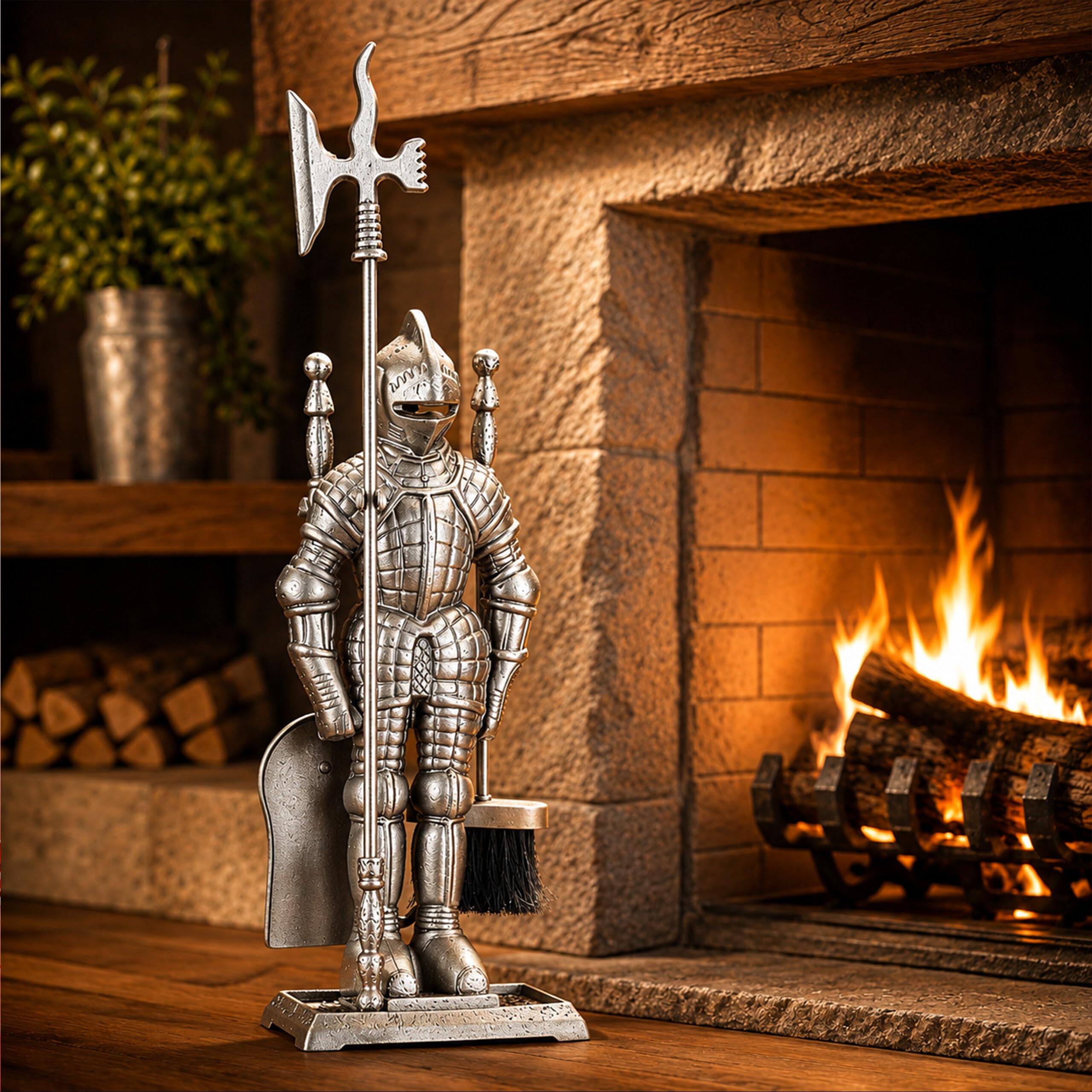 Relaxdays Ensemble serviteur de cheminée 4 pièces Accessoire Chevalier Fonte Pelle Balai tisonnier, argenté