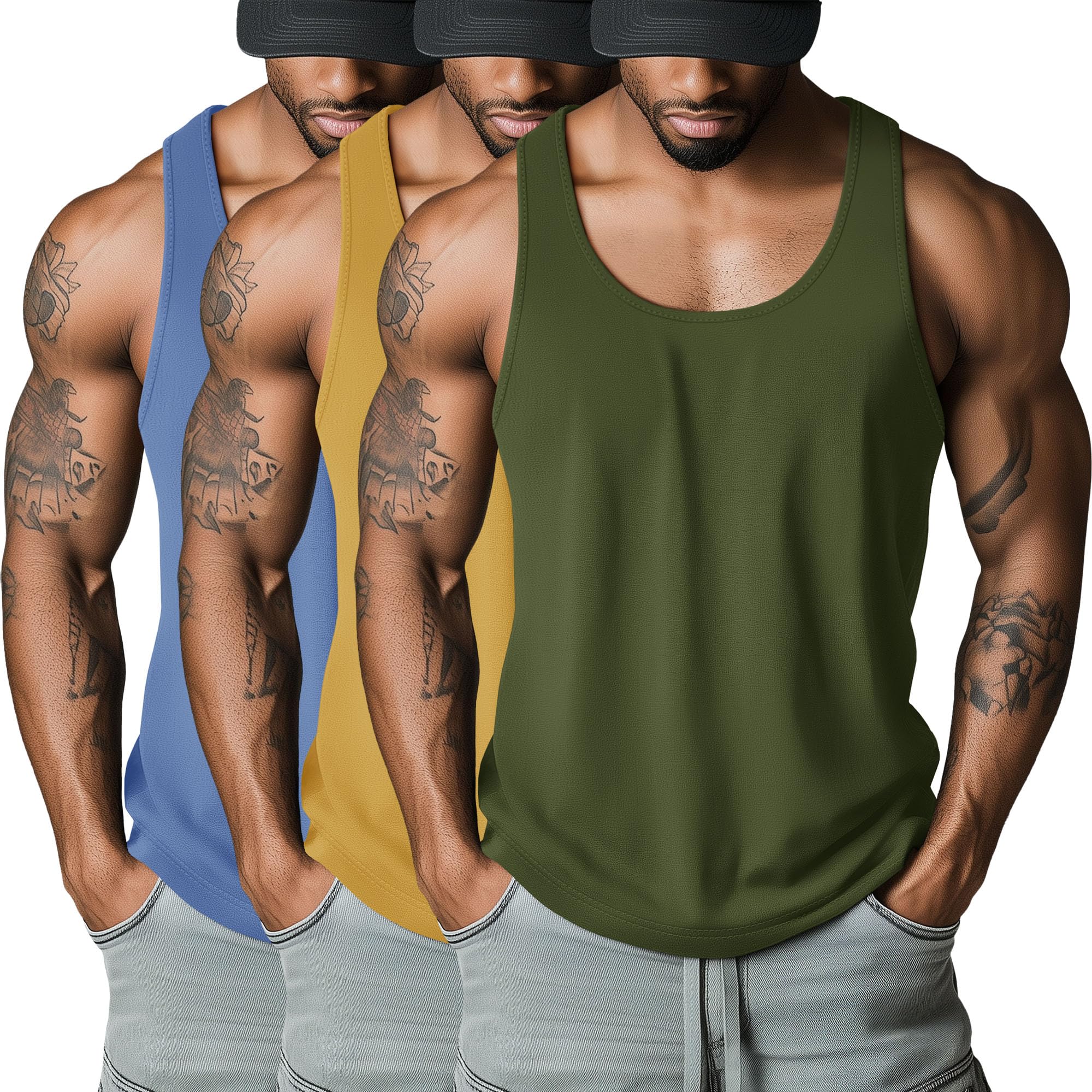 Riyiper 3 Pack Men's Big and Tall U Neck Tank Tops M-5XL Sleeveless Compression Tees Beach Casual Summer Muscle Basic Shirts