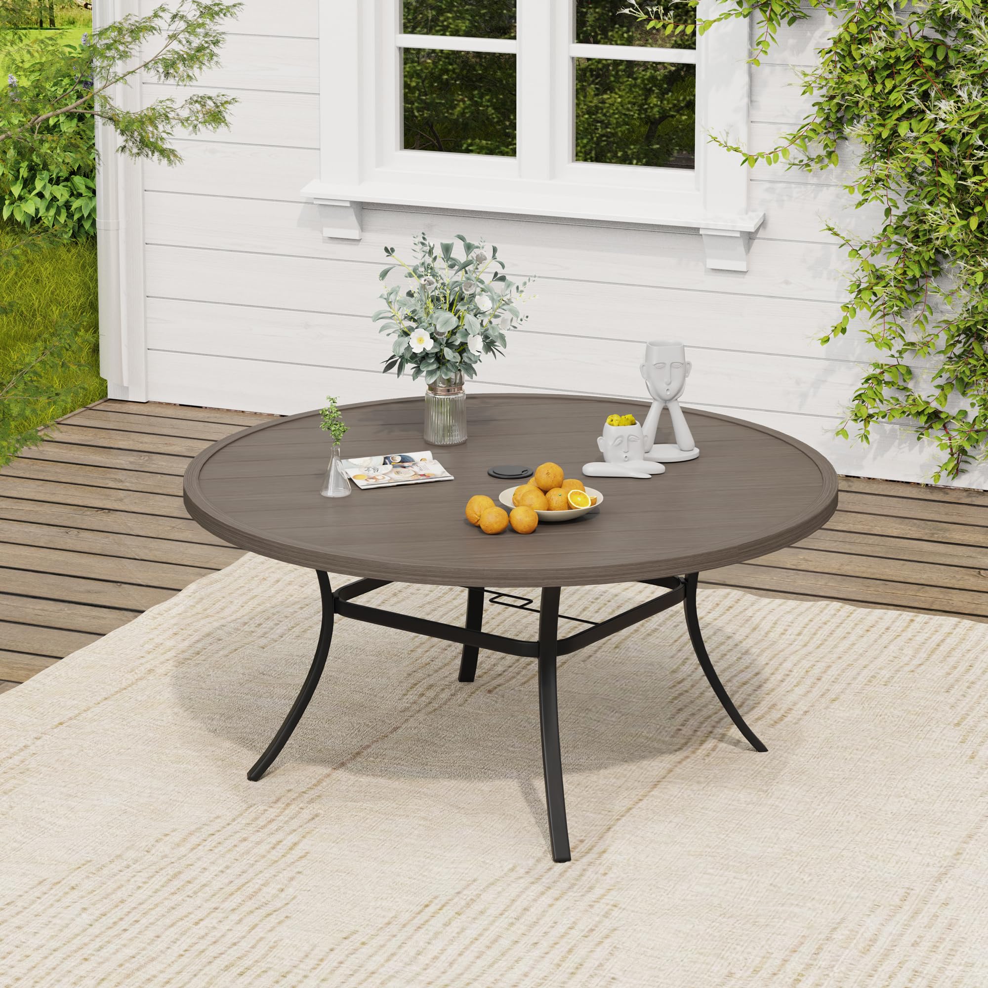VICLLAX 50" Round Patio Table, Outdoor Dining Table for 6 with Umbrella Hole for Garden Lawn Deck Backyard, Antique Grey