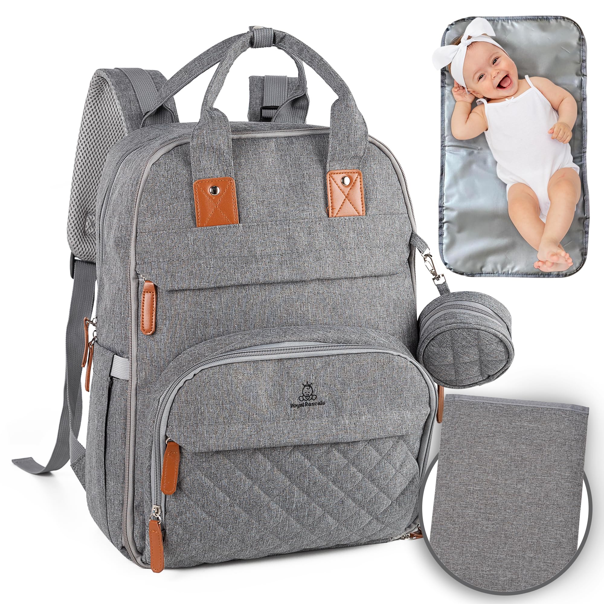 Royal Rascals Nappy Changing Backpack - Baby Changing Bag Backpack, Nappy Bag, Baby Changing Bag, Changing Mat, Bottle & Pacifier Storage, Wipes Dispenser - Essential Mum & Dad Travel Organiser