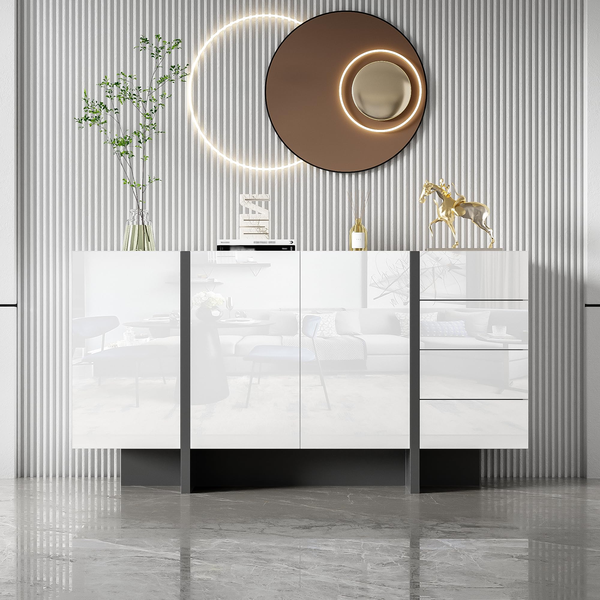 RanRan Weißer Hochglanz-Sideboard, moderner und Schlichter Anrichte mit 2 Türen und 4 Schubladen, leicht zu reinigen, ideal für Wohnzimmer oder Esszimmer