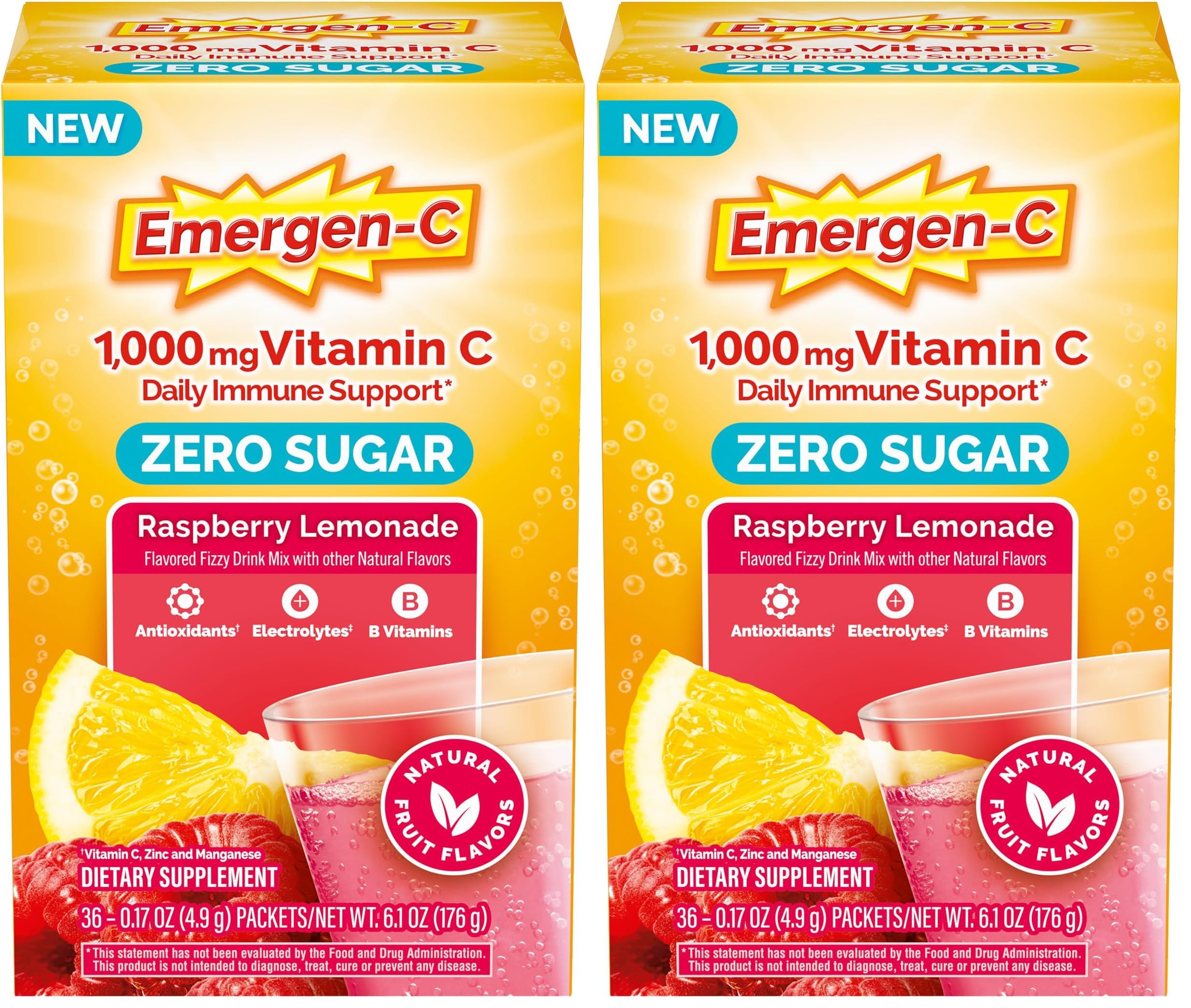 Emergen-C Zero Sugar 1000 mg Vitamin C Powder for Daily Immune Support Caffeine Free Vitamin C Supplements with Zinc & Manganese,B Vitamins&Electrolytes, Raspberry Lemonade Flavor 36 Count(Pack of 2) Raspberry Lemonade 6.1 Ounce (Pack of 2)