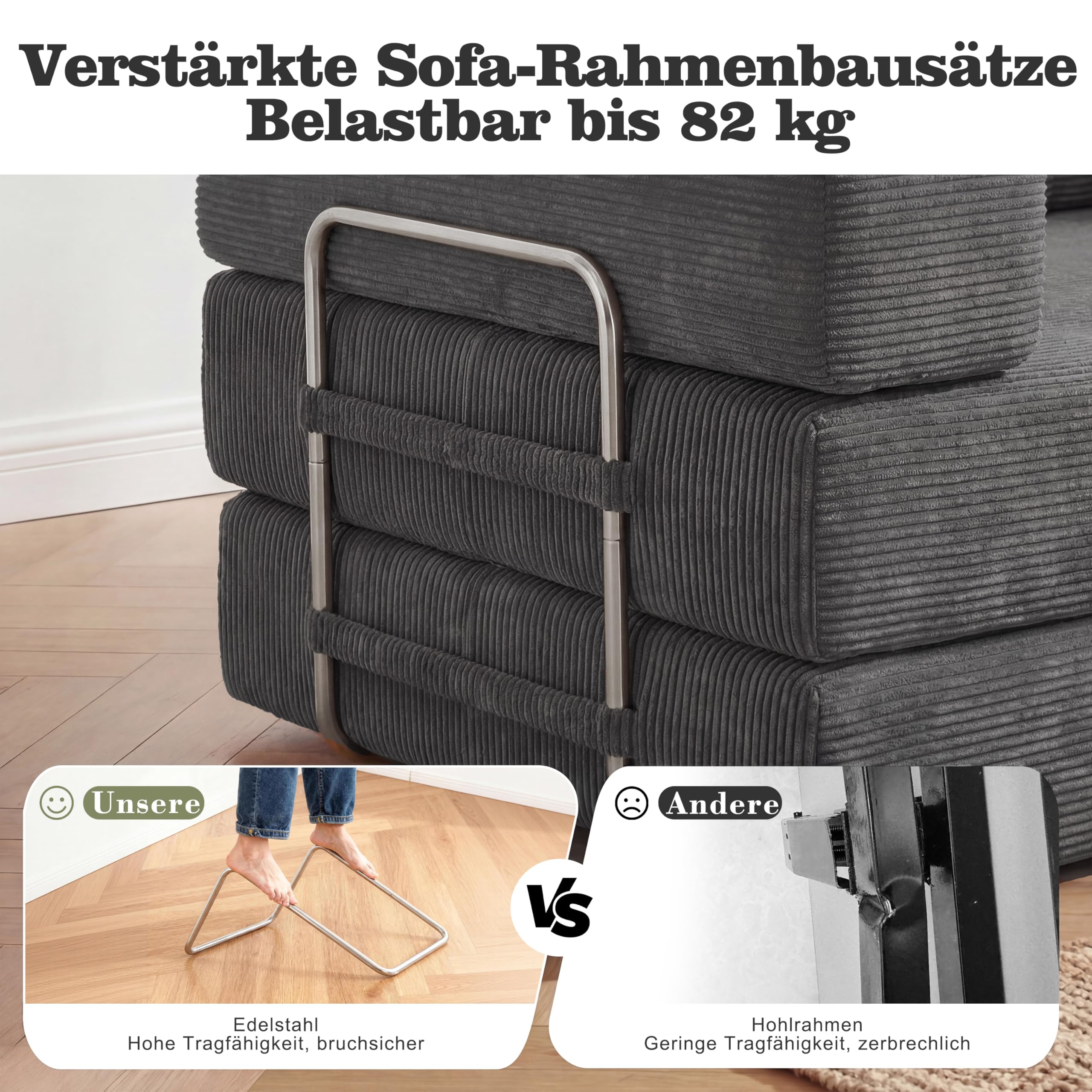 Vipbear Divano letto velluto a coste 160×90×70 cm, divano a pavimento trasformabile 5-in-1, schiuma ad alta densità, pet-friendly ed ergonomico, senza montaggio, Grigio