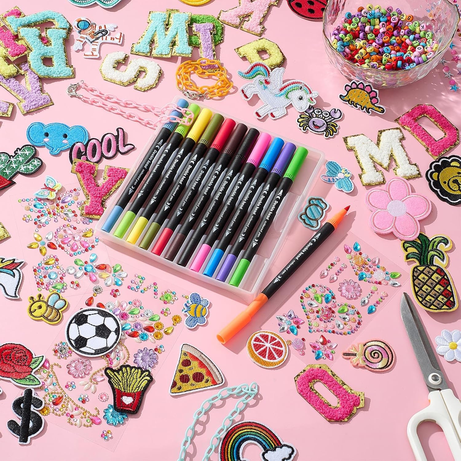 112 Pcs DIY Trucker Hat Decorating Kit, 10 Blank Baseball Caps with Stickers Patches Chains Chenille Letters Beads Pens(Classic) - Image 4