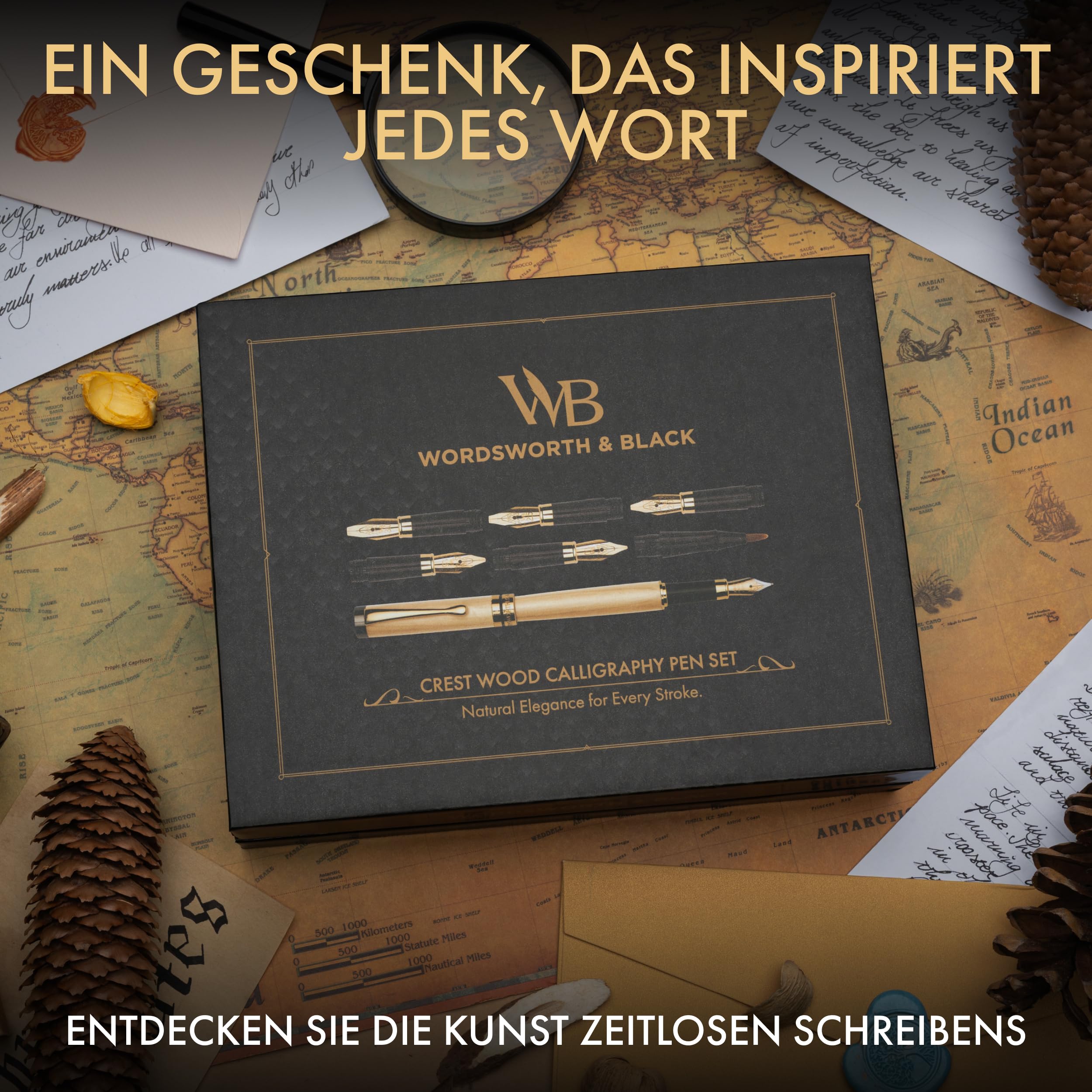 Wordsworth & Black Kalligraphie-Stiftset, inklusive Tintenfass, 6 Tintenpatronen, Tintenkonverter, 6 Ersatzfedern, Luxus-Bambus, Journaling, Schreibfüller mit weichem Schreibgefühl [Ahornholz]