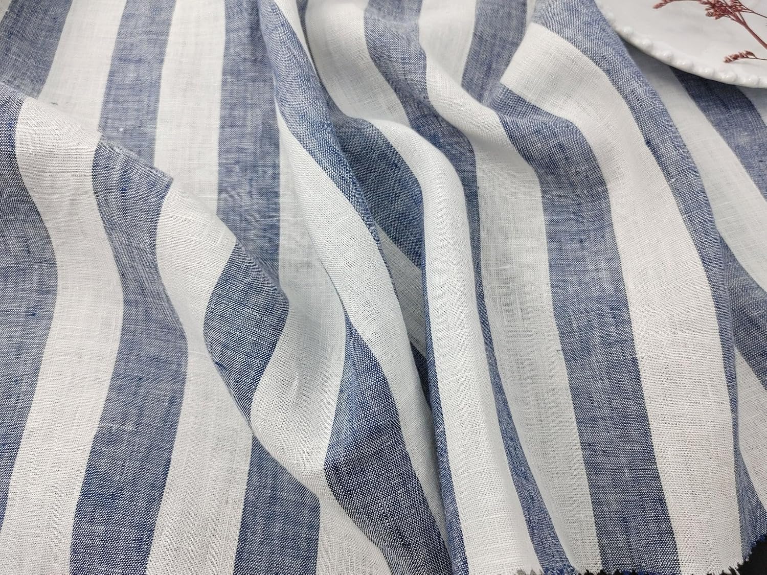 Light Weight 100% Linen Blue Bold Stripe Fabric 5996 Navy
