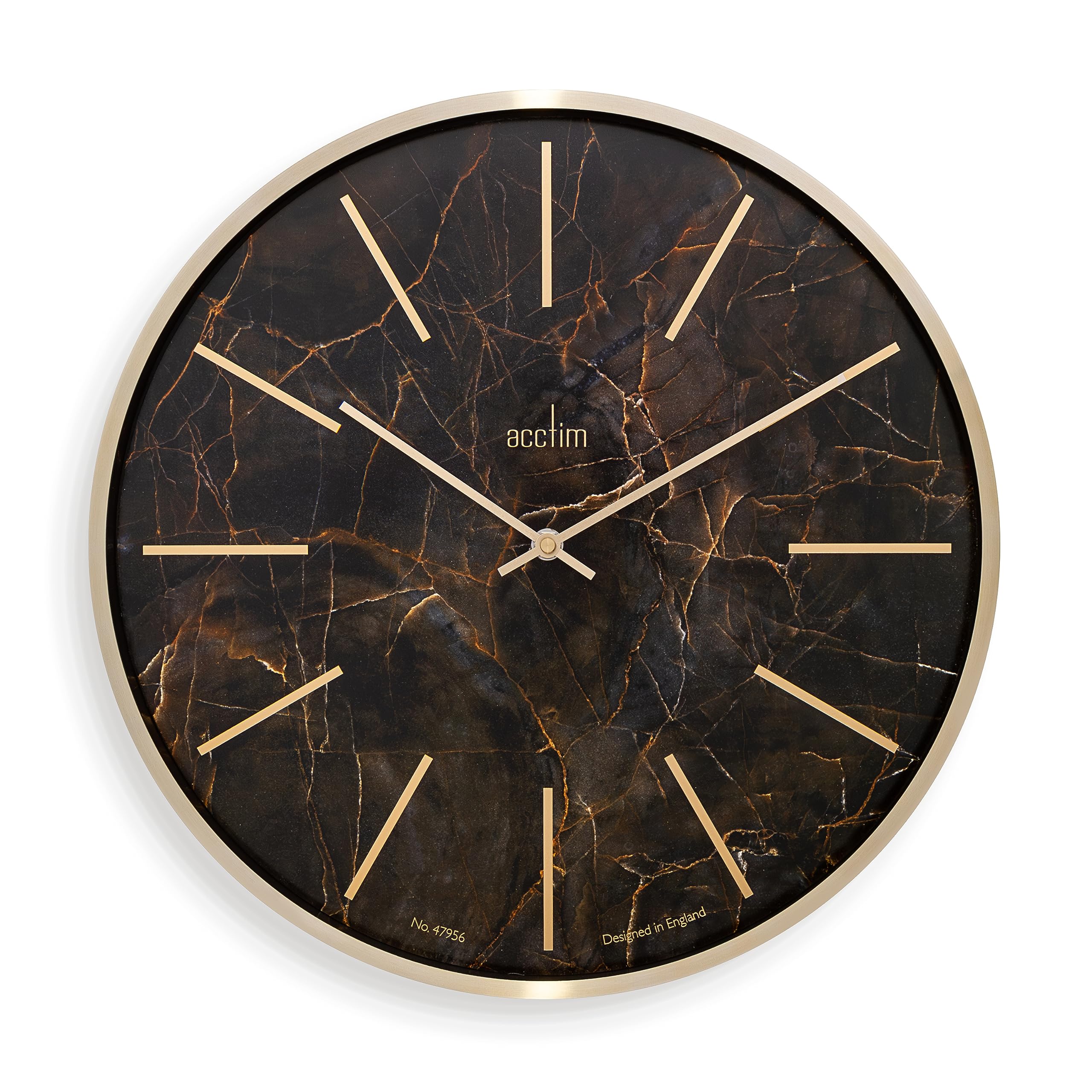 Acctim Green Luxe Wall Clock Quartz Brushed Metal Embossed Golden Batons Brass Hands Dark Marble 40Cm