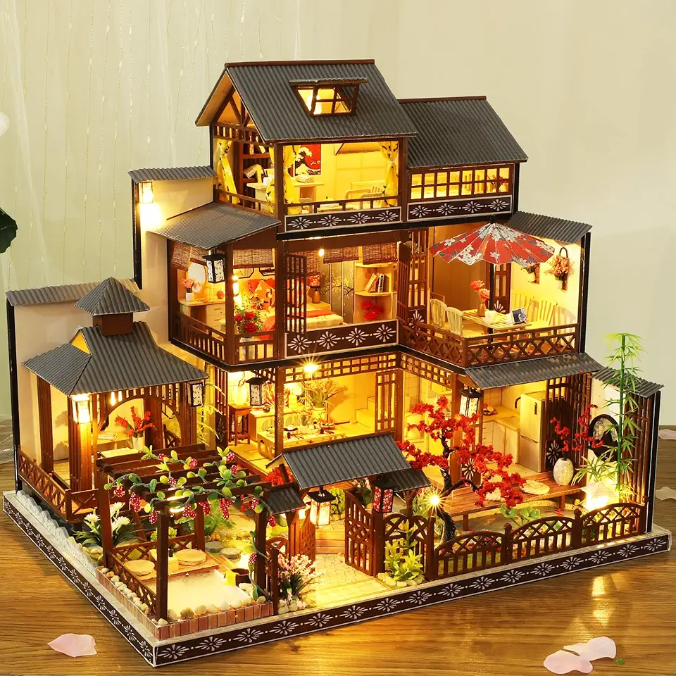 Kit de Casa de Bonecas Em Miniatura para Montar, com Móveis Decorativos e Luzes de Led, Escala 1:24, Kit de Casa de Bonecas de Madeira com Instruções Em Inglês, Presente de Aniversário