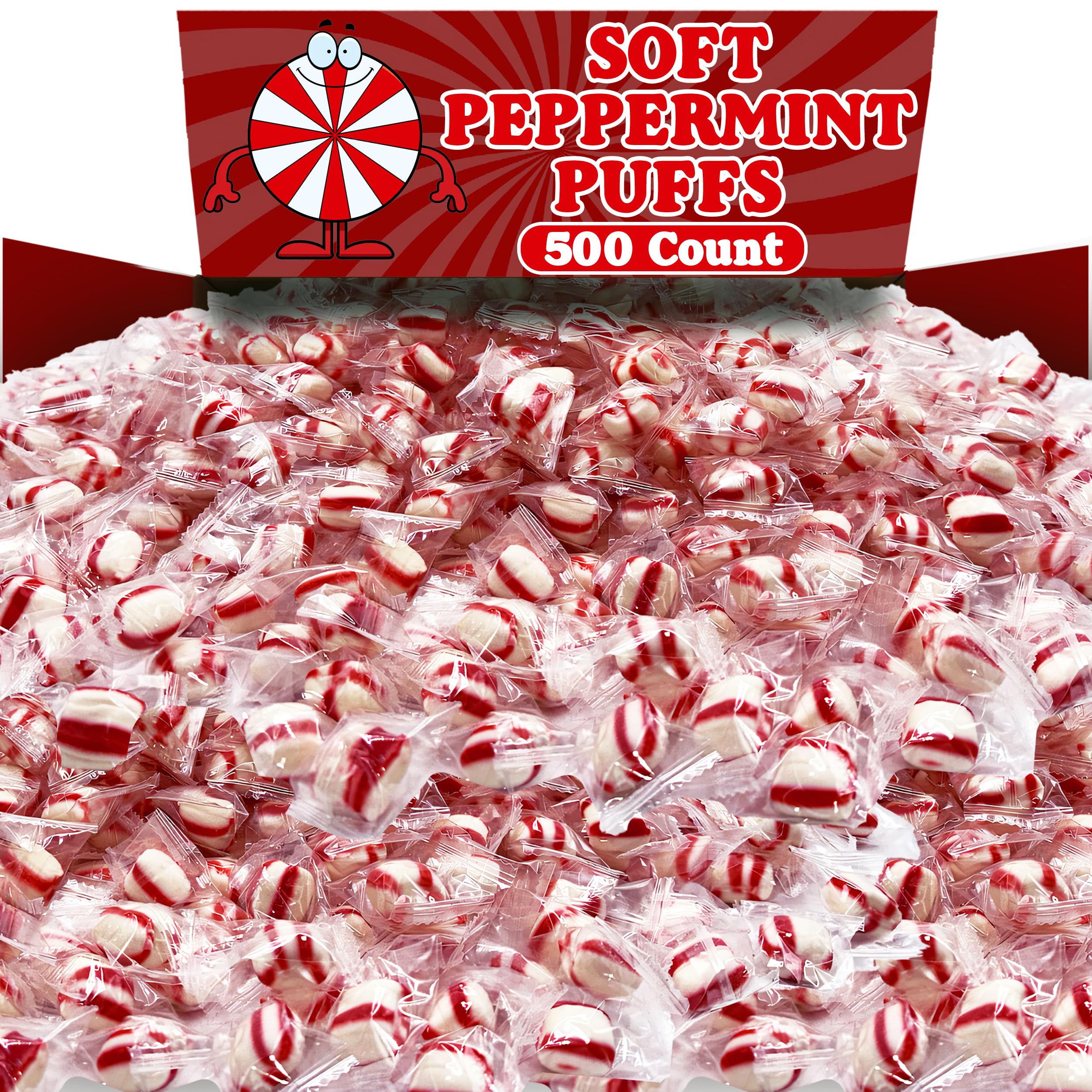 Soft Peppermint Candy Balls, 5 Lbs Classic Christmas Candy Bulk, Stocking Stuffer, Individually Wrapped Red and White Striped Peppermint Puffs, Appx