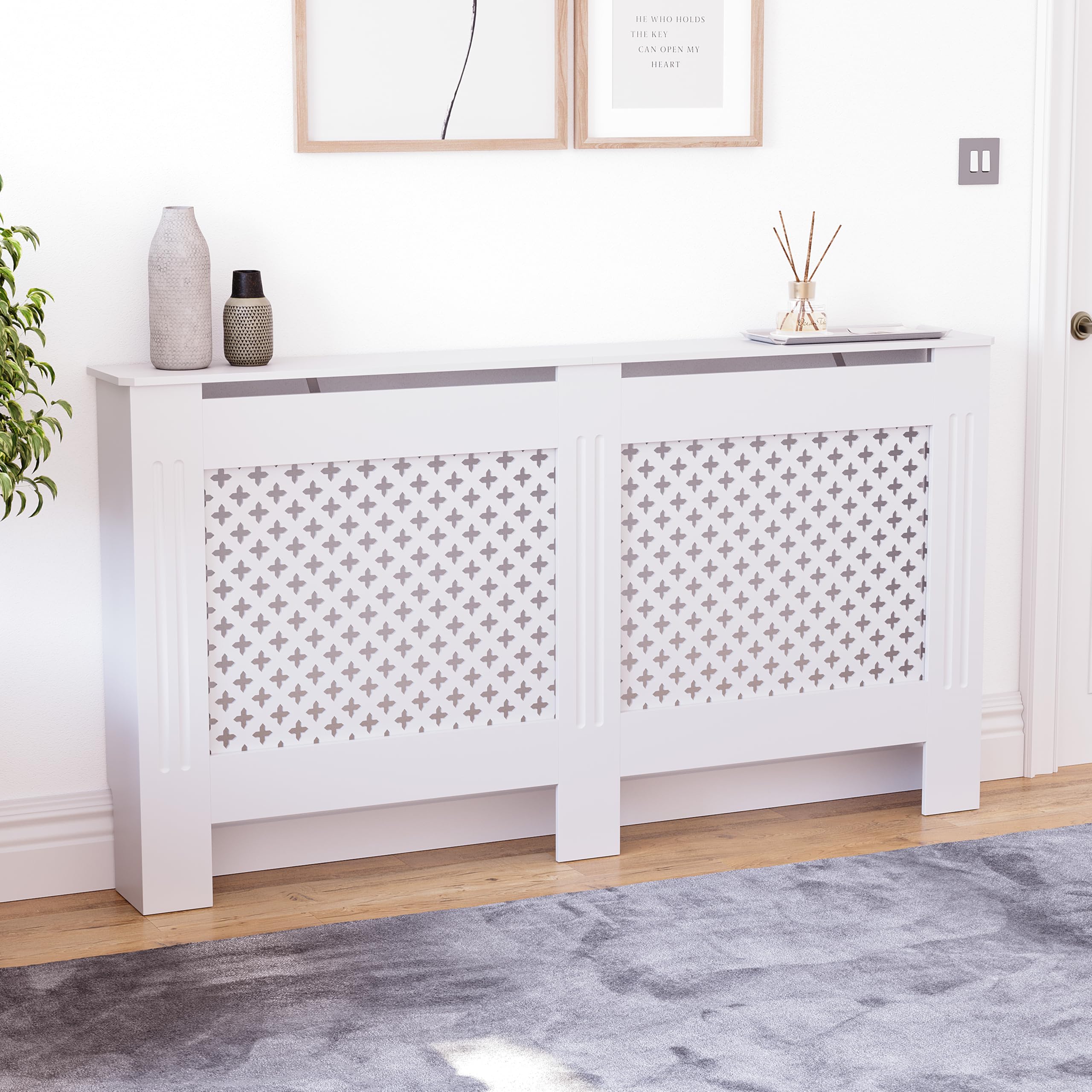 Vida Designs Oxford Radiator Cover White - Large - Traditional Cross Pattern Design for Optimal Heat Circulation - H82xW152xD19cm - Painted MDF Cabinet Ideal For Living Room & Hallway