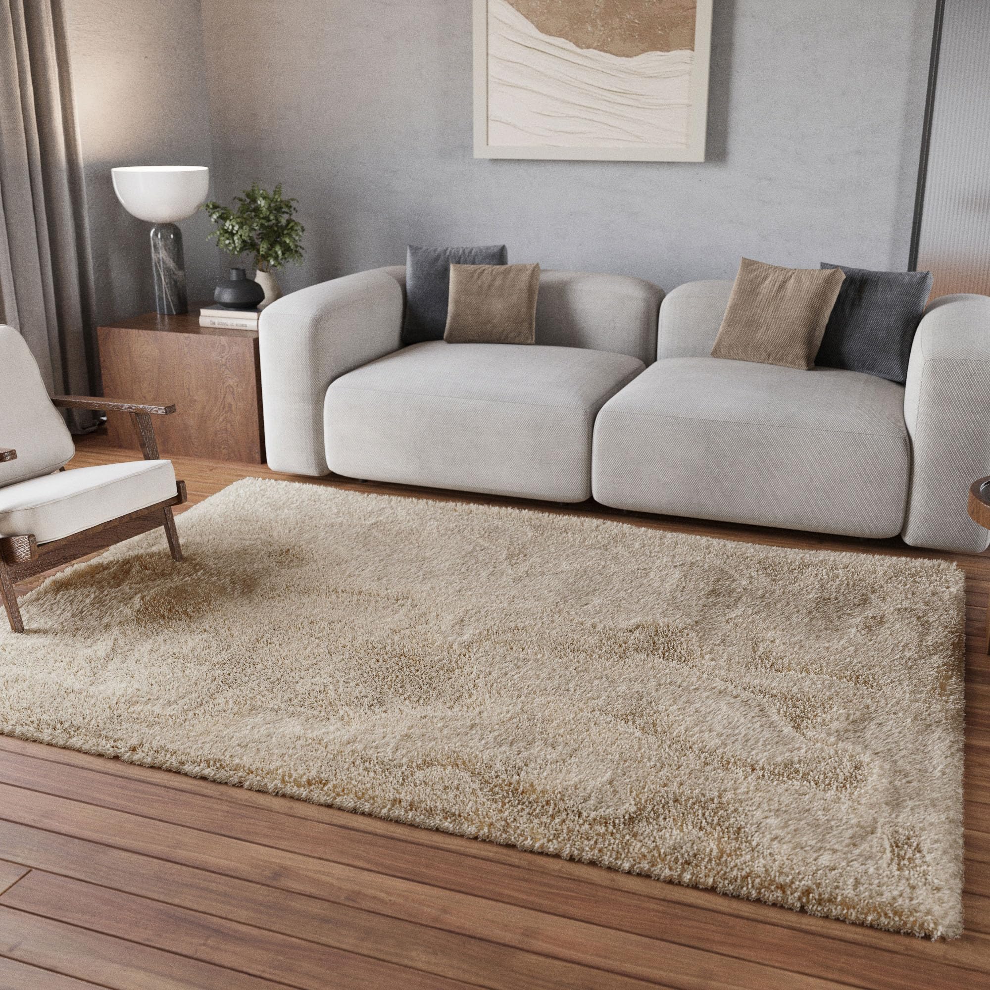 Tapis uni beige à mèches denses pour réveiller la déco de votre chambre