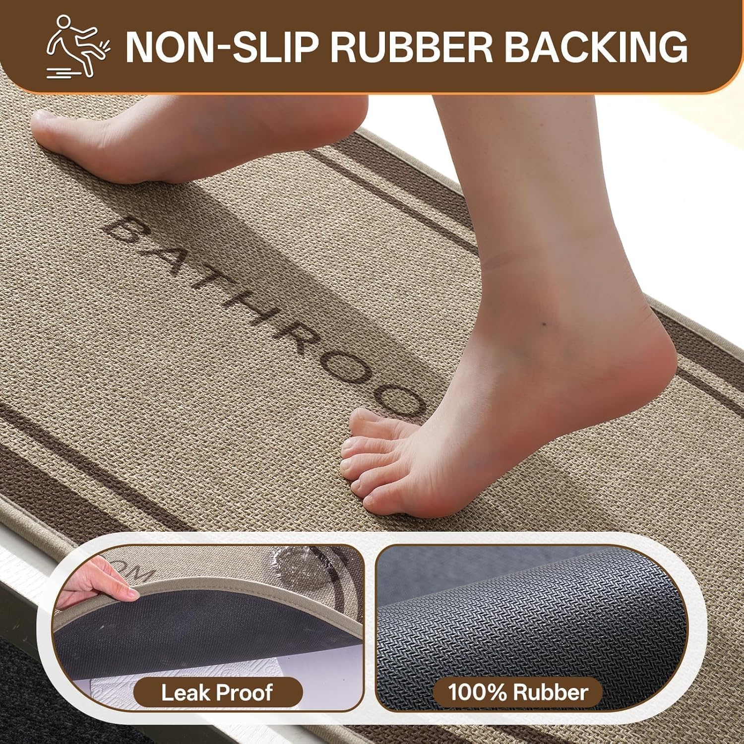 Ultra Thin Oval Bath Mat Bathroom Rugs, Quick Dry Super Absorbent Washable Bath Shower Mats, Rubber Backing Non Slip Bathroom Rug Fit Under Door, 20x32, Border Brown