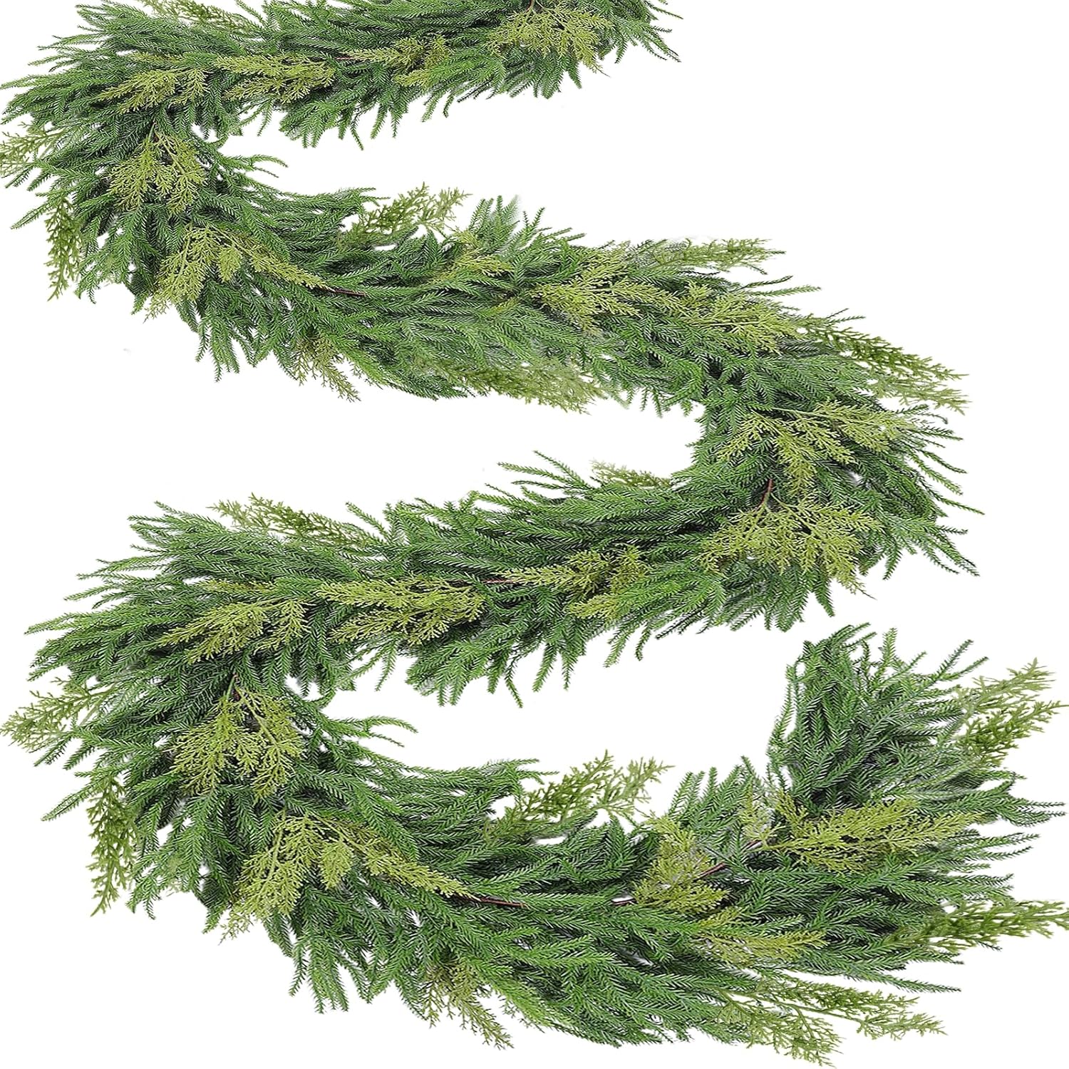 Mixed Pine&Cypress-9 Ft by 10 Inch Real Touch Christmas Norfolk Pine Garland,Cypress Garland,Realistic Soft and Thickness Artificial Cedar Garland Faux Greenery for Stairs Mantle Indoor Outdoor Decor 9Ft