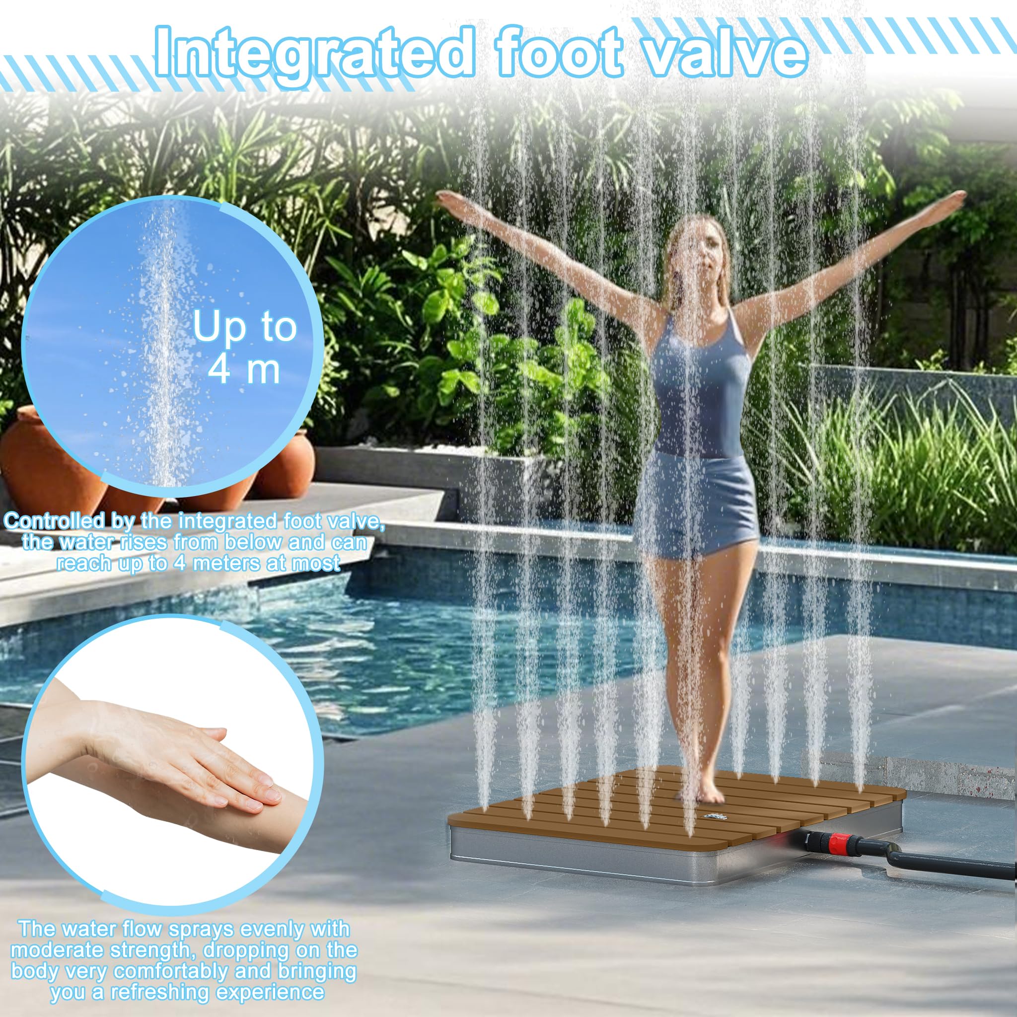 XMTECH WPC - Ducha de jardín antideslizante para exteriores, ducha de camping, ducha exterior, cartucho de sauna, 70 x 55 cm, rectangular, para camping, jardín, piscina, ducha con rueda de pie