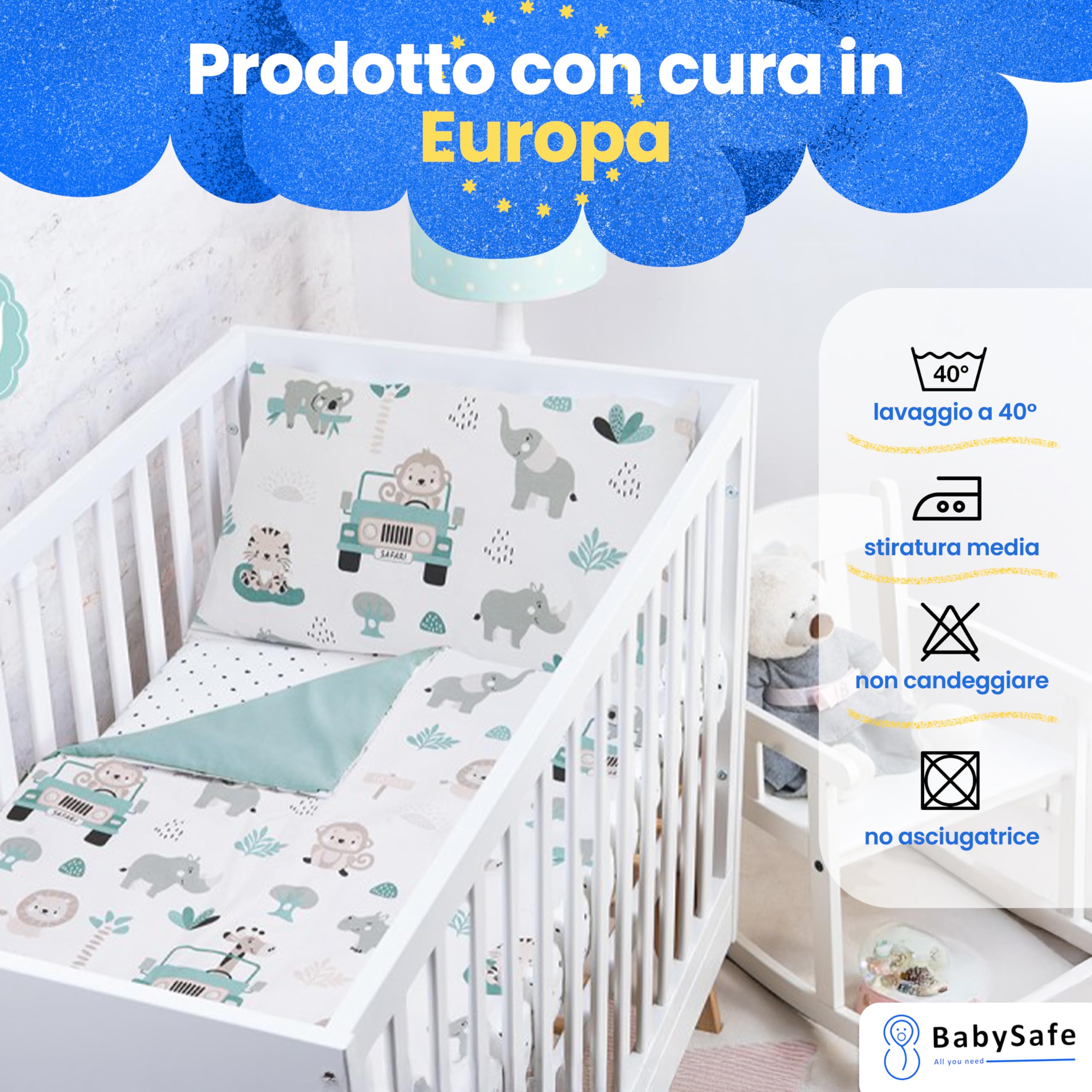 BABYSAFE Set Copripiumino Lettino 100x135 e Federa Cuscino 40x60 Coordinata, 100% Cotone Certificato Oeko-Tex - Copripiumino 100x135 Neonato per Culla, Lettino o Carrozzina Made in Europe