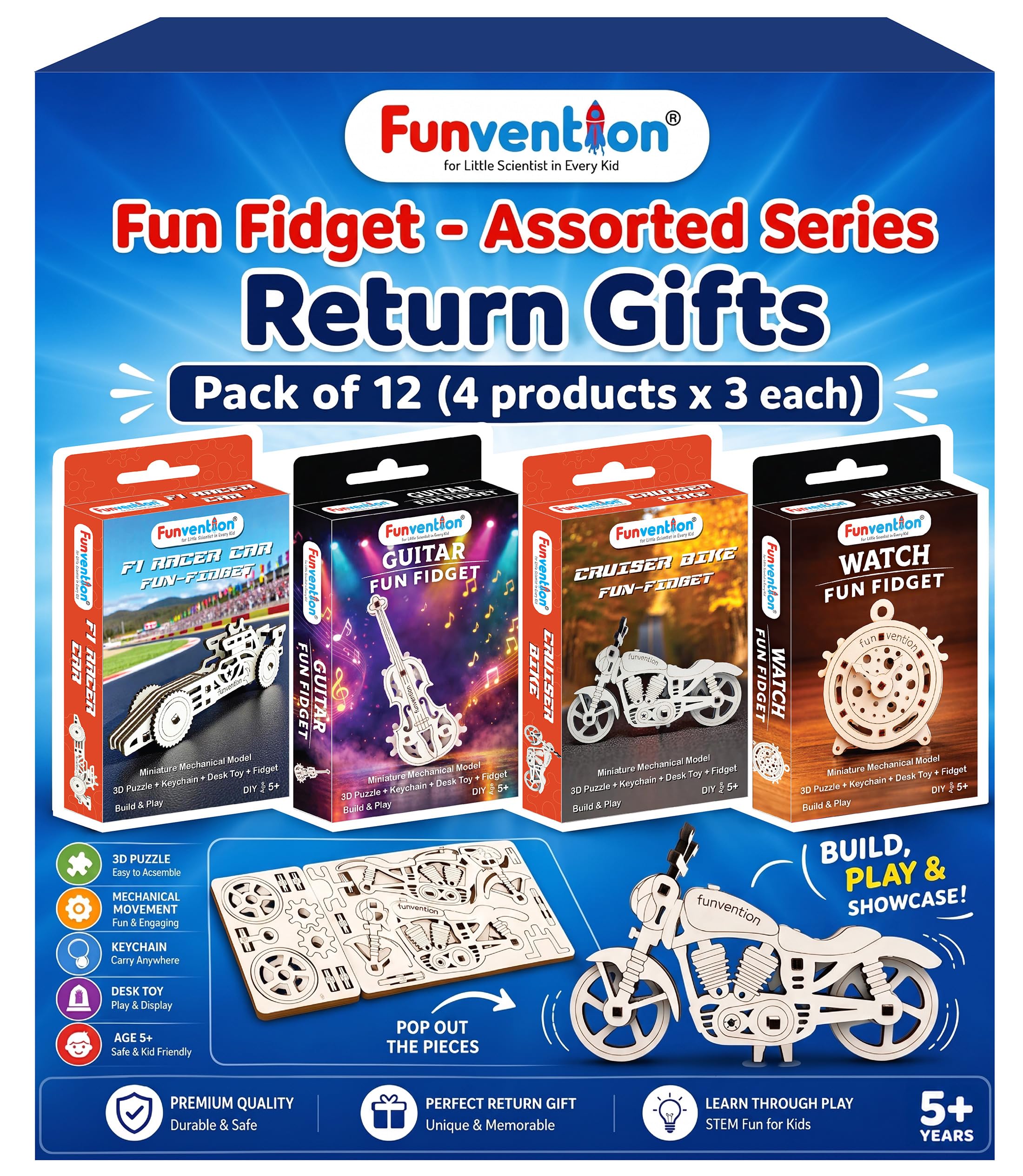Funvention Fun Fidgets Assorted (3 x 4 DIY Miniature Mechanical Models Bike, Car, Guitar & Watch) Pack of 12 - Birthday Return Gifts Party Pack Return Favors for Kids Art & Craft STEM Learning Toys-image-3